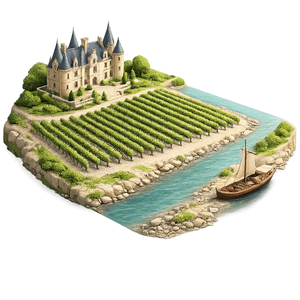Artistic illustration of the Bordeaux wine region.