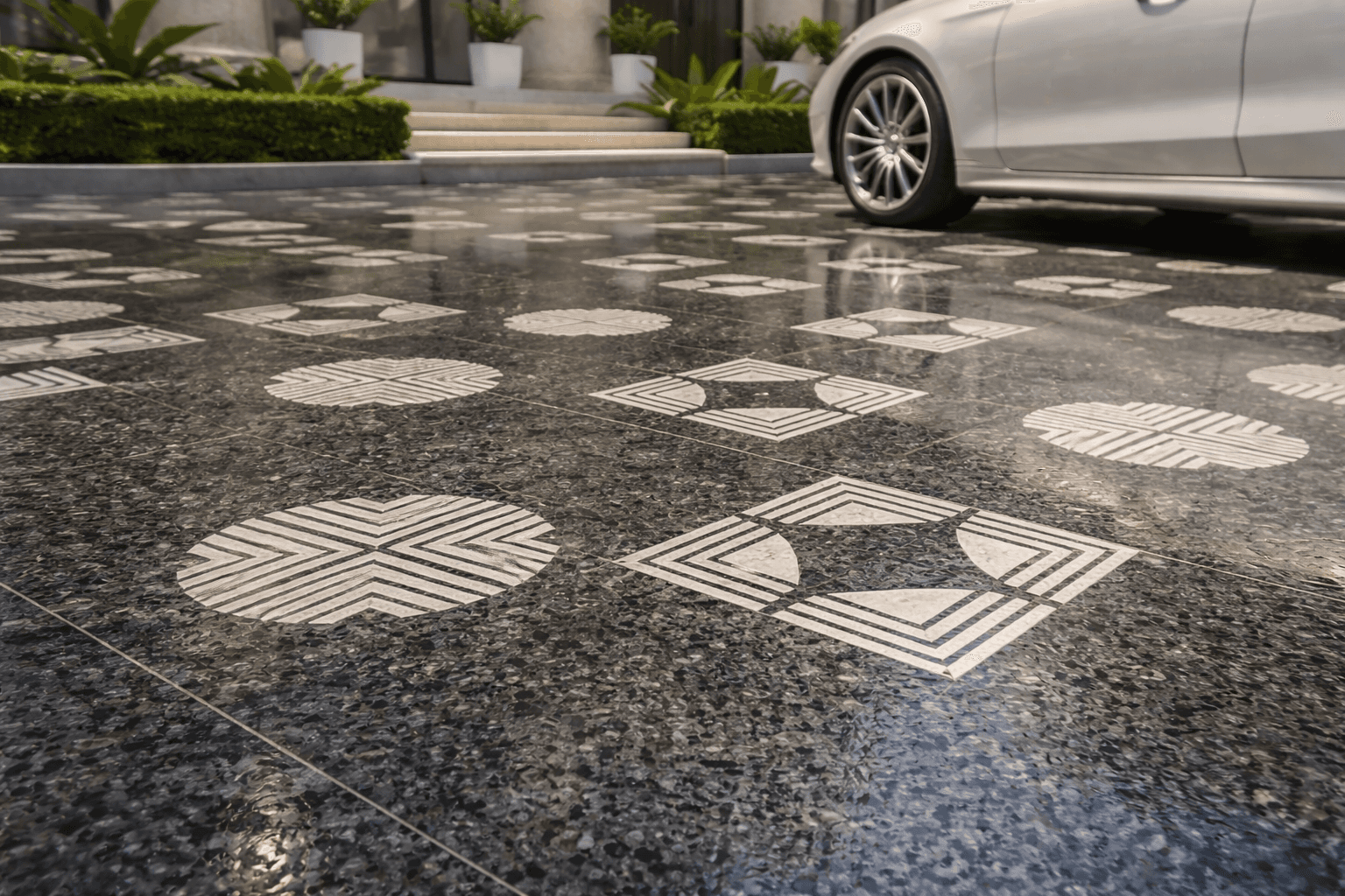 Modern residential driveway with patterned stone paving and landscape design