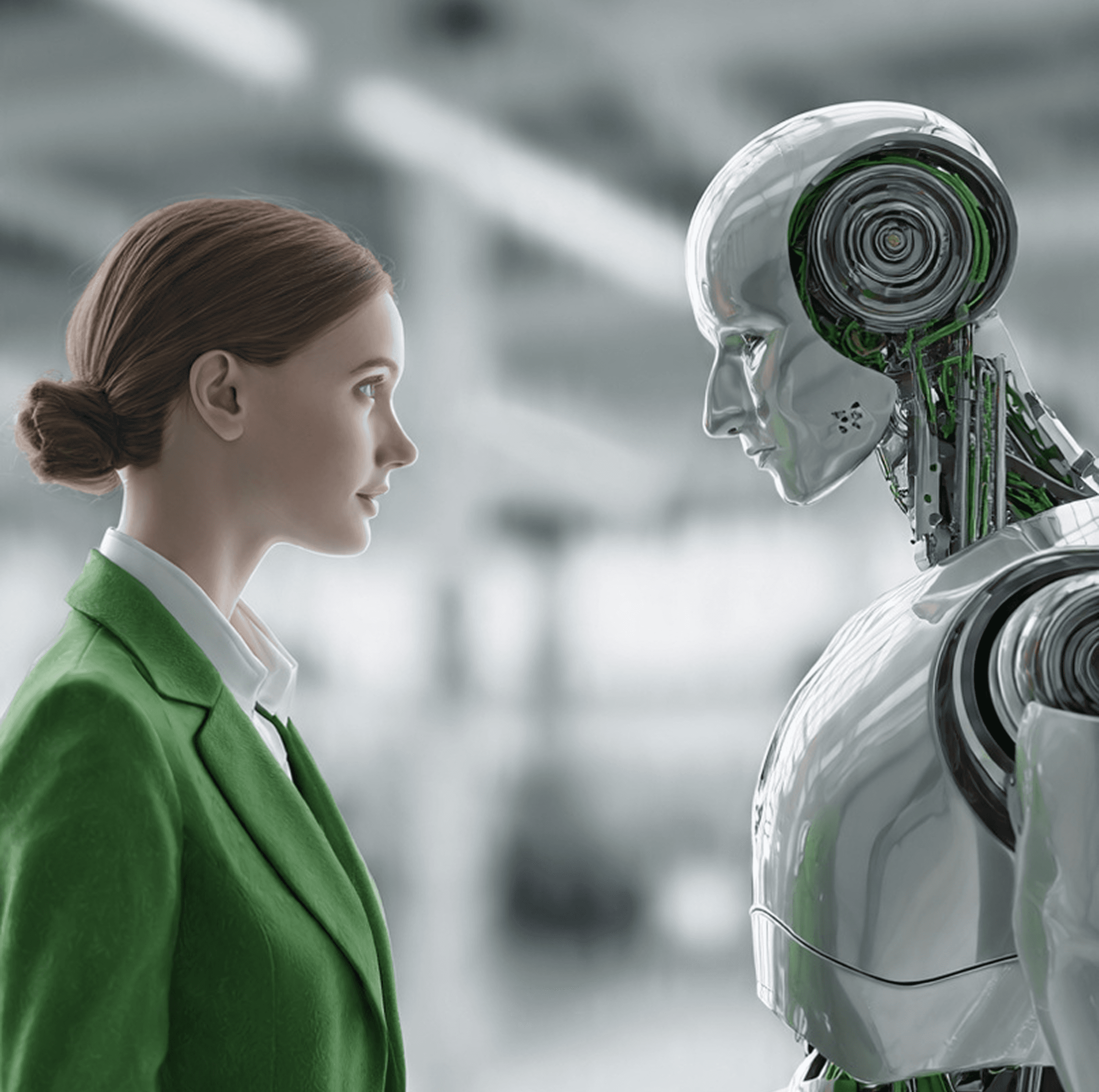 woman in a tweed jacket standing next to a large, cream and brass robot with rabbit-like ears.