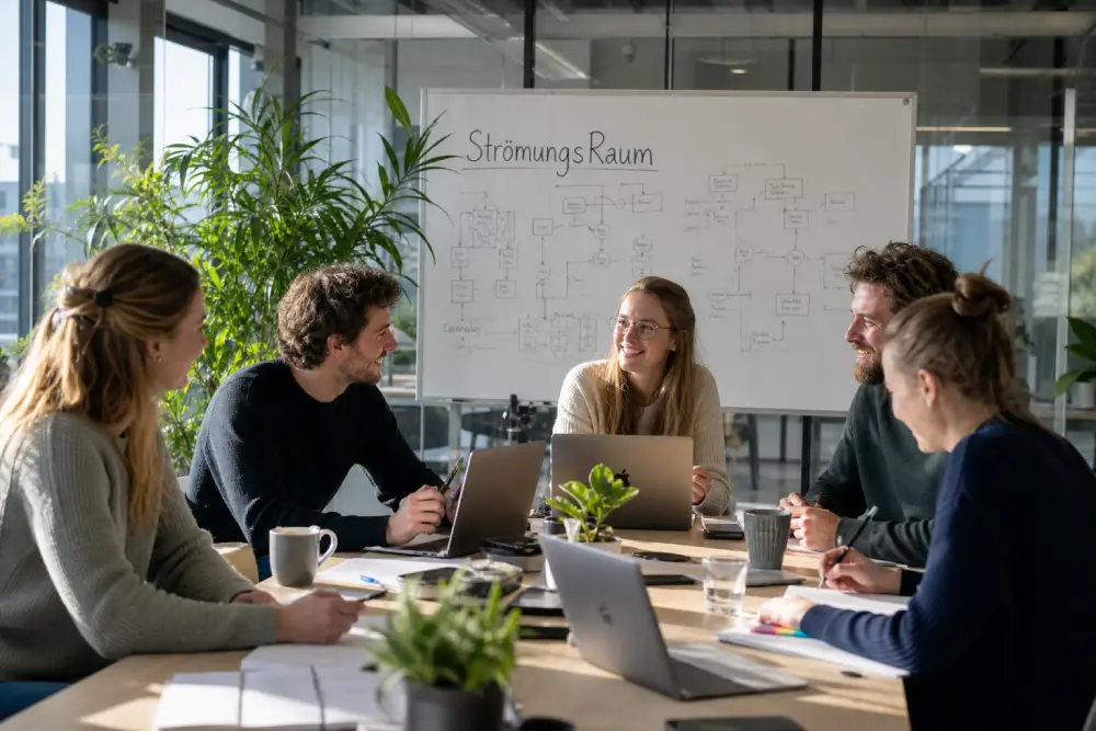 Team im Besprechungsraum vor dem Whiteboard StrömungsRaum