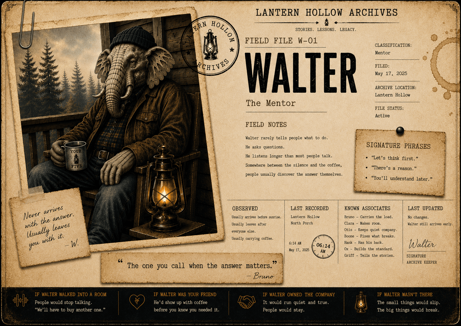 Walter on the lantern-lit porch