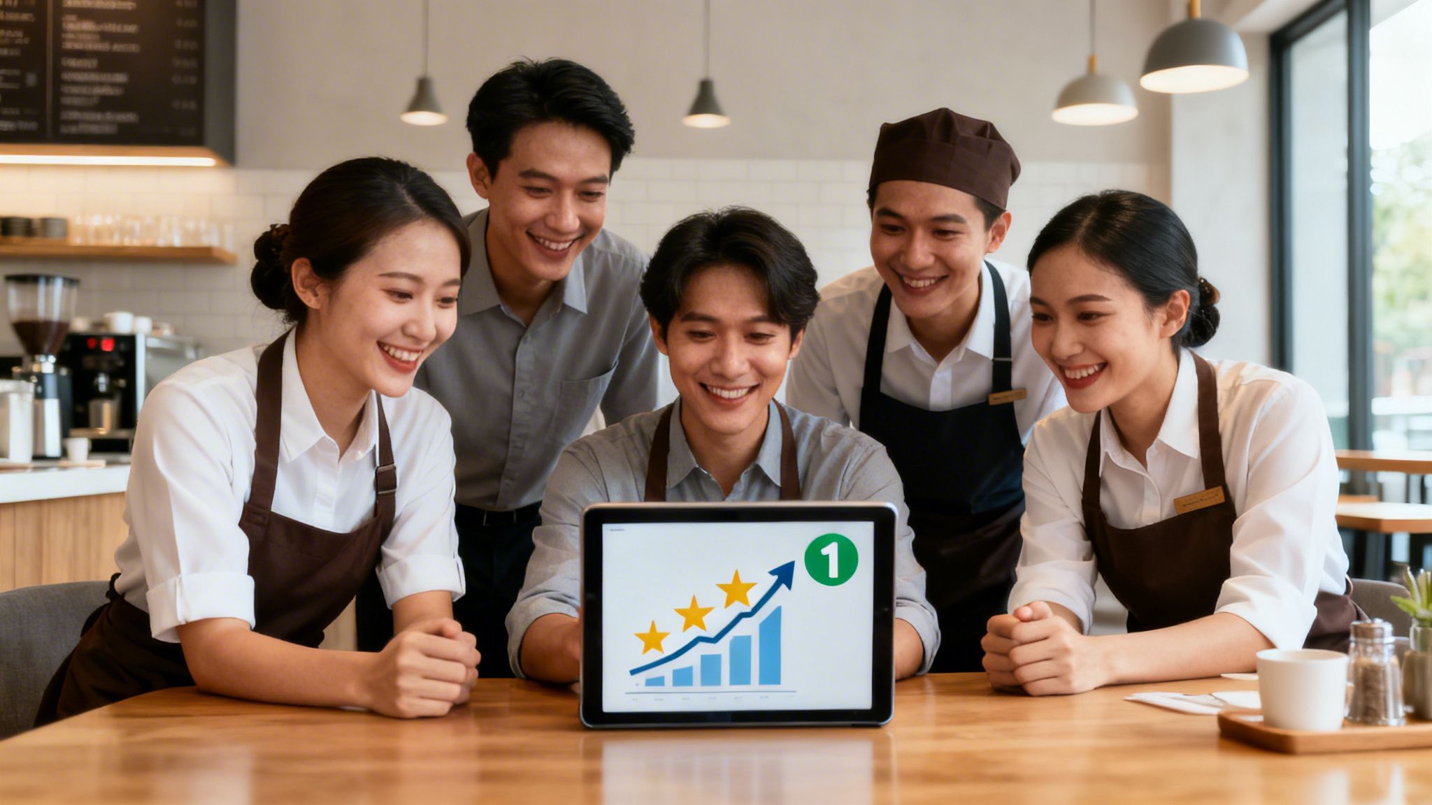 Five smiling restaurant staff members look at a tablet displaying positive business performance data.