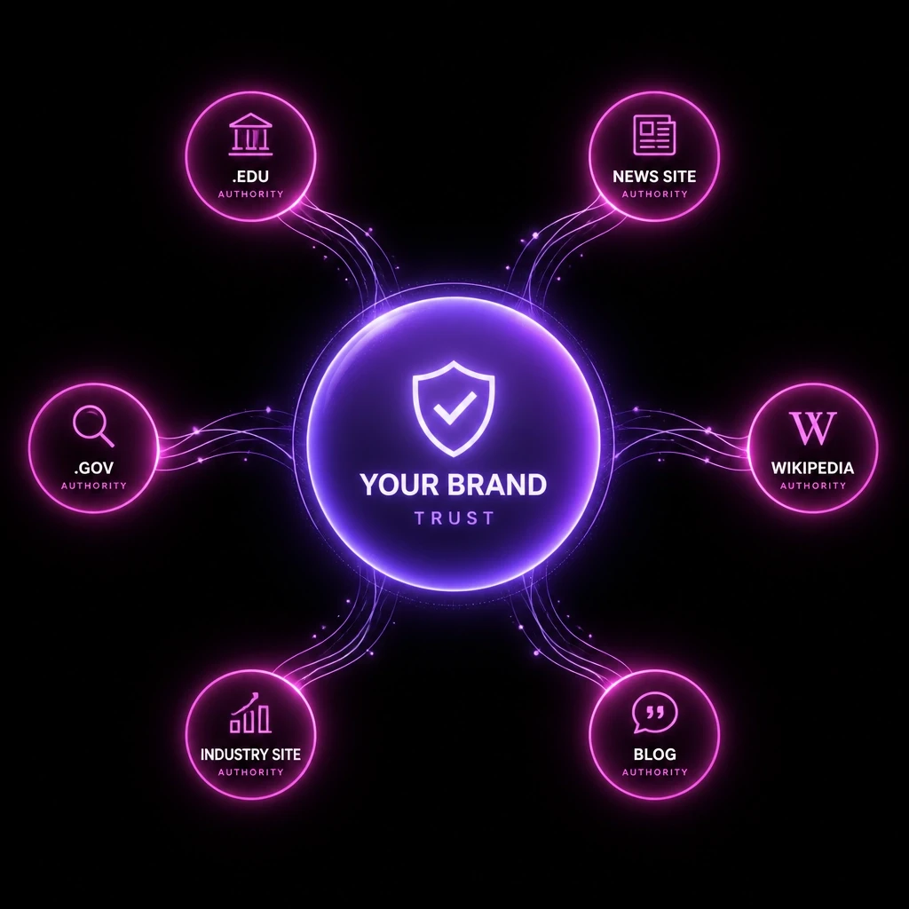 A sleek digital illustration representing Trust and External Citations. A central, luminous violet orb is surrounded by smaller, glowing magenta pulses linked by data streams.