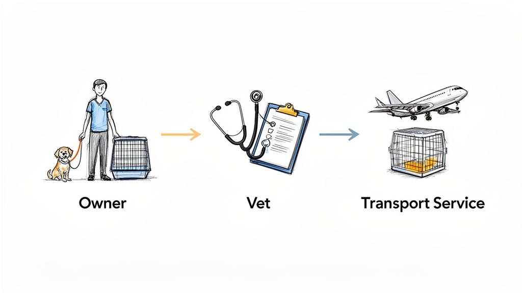 A three-step diagram illustrates the process of pet transport, from owner to vet to transport service.