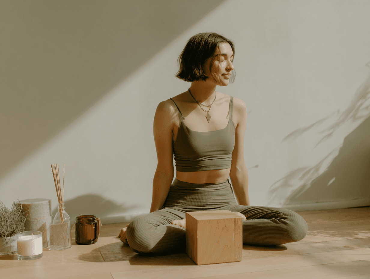 Young woman in green yoga wear sitting cross-legged in sunlight, surrounded by candles, incense, and a wooden block, with calm expression and closed eyes