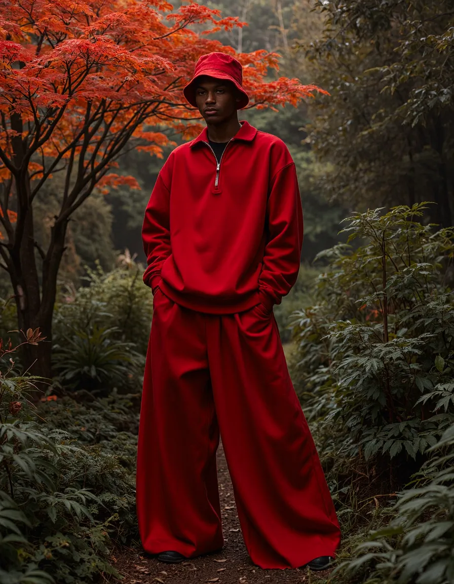 Model in red bucket hat and matching outfit posing on forest path with vibrant autumn foliage in background