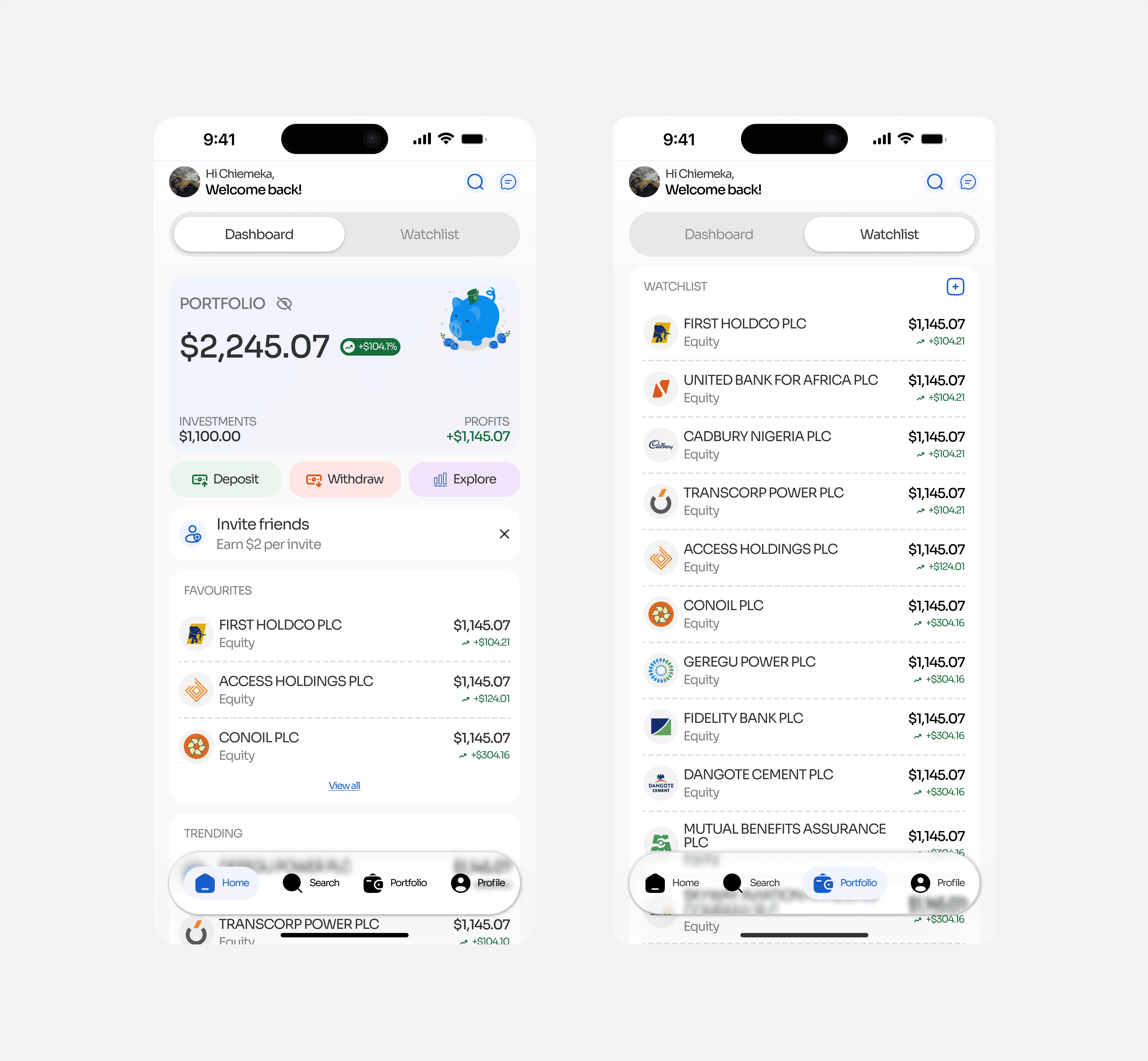 Full-Page Portfolio Dashboard & Watchlist Management Screens