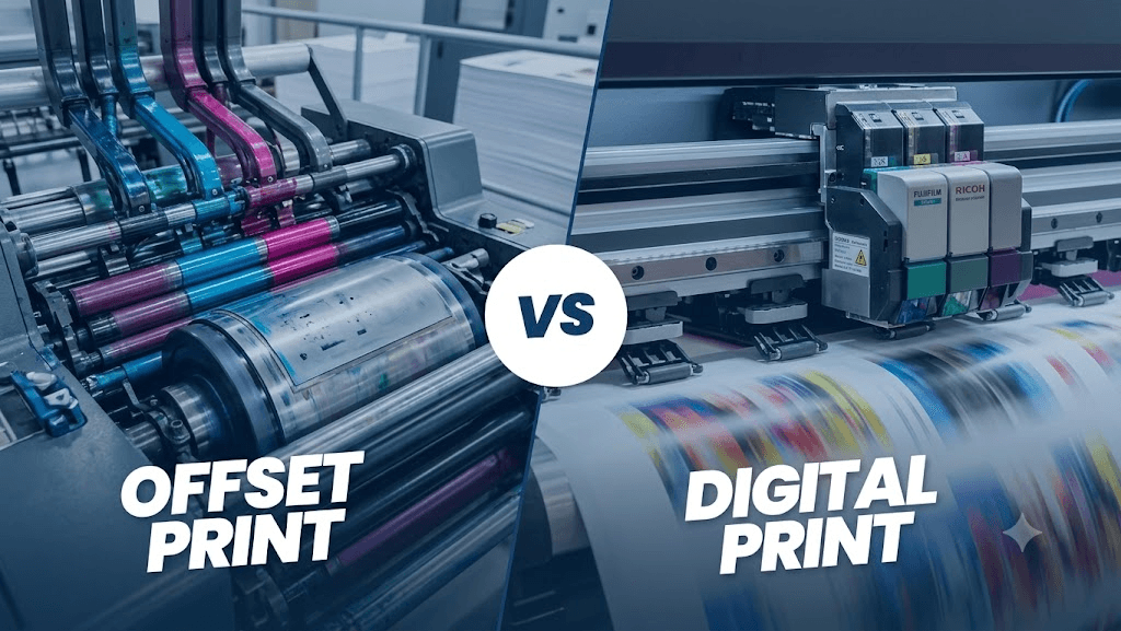 Split-screen visual titled "Offset Print vs Digital Print," showing a traditional offset press roller on the left and a modern digital printer head on the right.