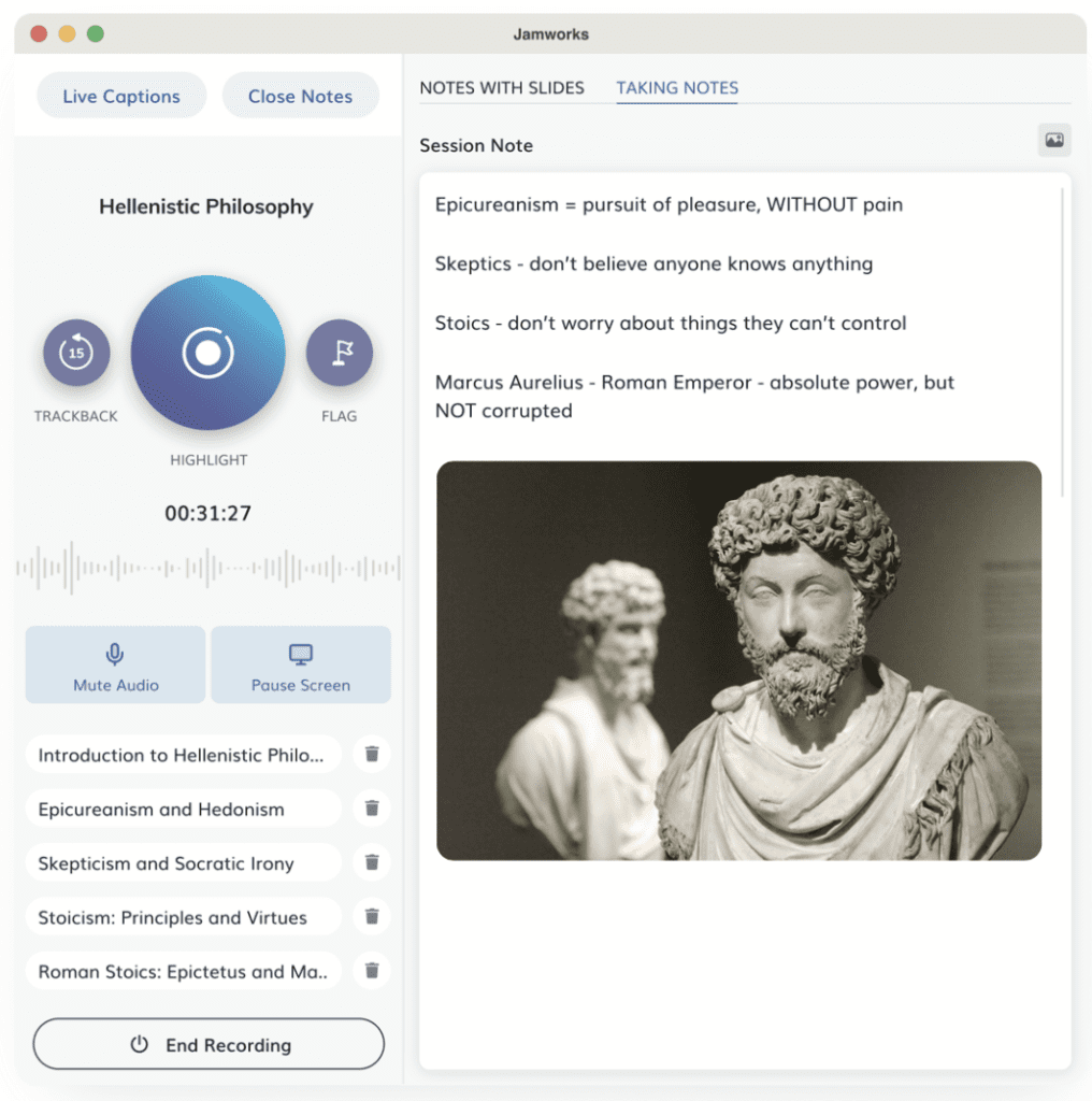 A screenshot of the Jamworks recording app with some notes and slides and highlights displayed