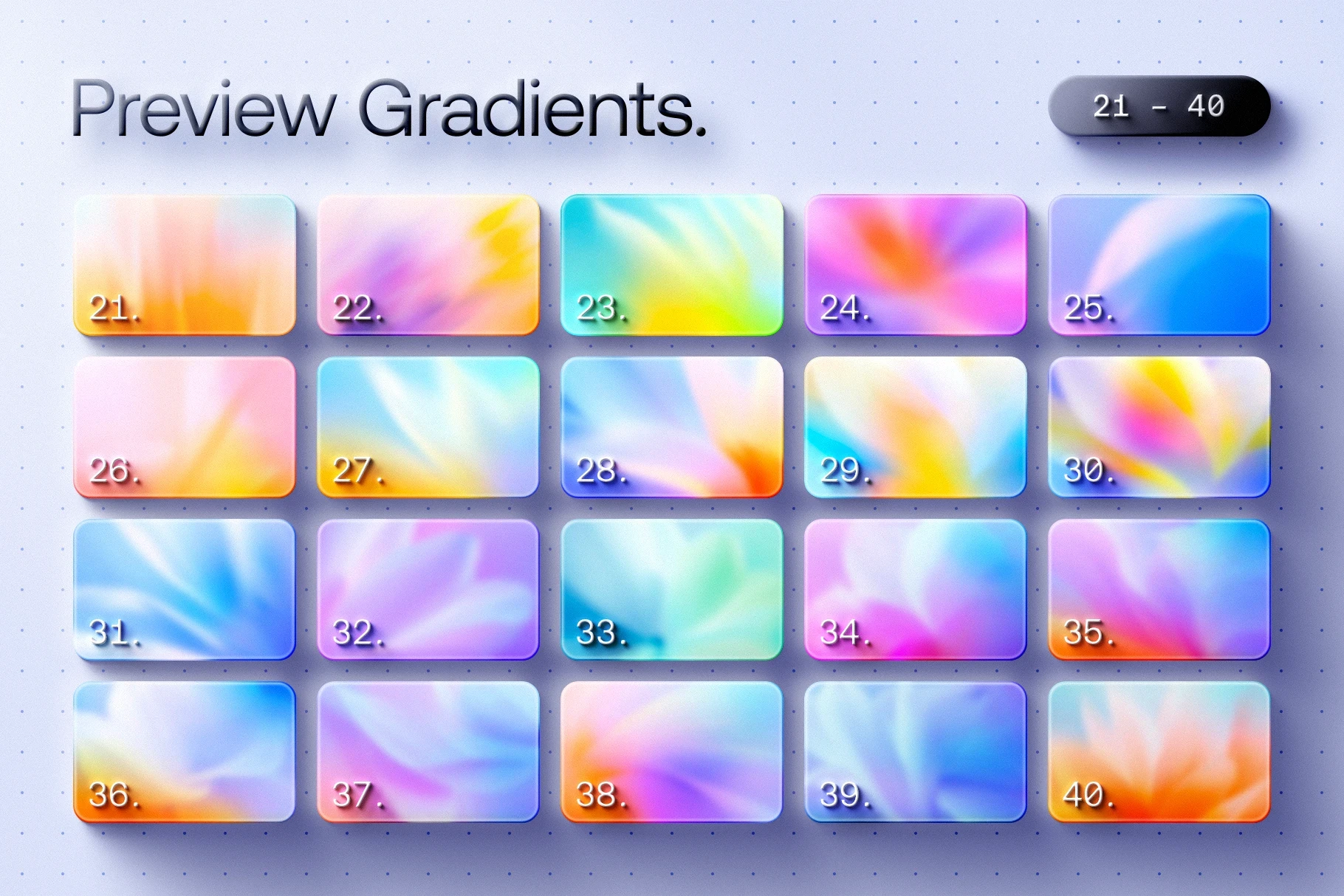Preview of Fleurox gradient backgrounds 21 to 40 in soft pastel and vibrant blends.