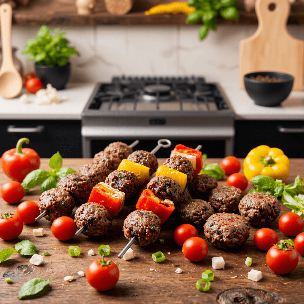 product photography of assorted meat skewers and patties