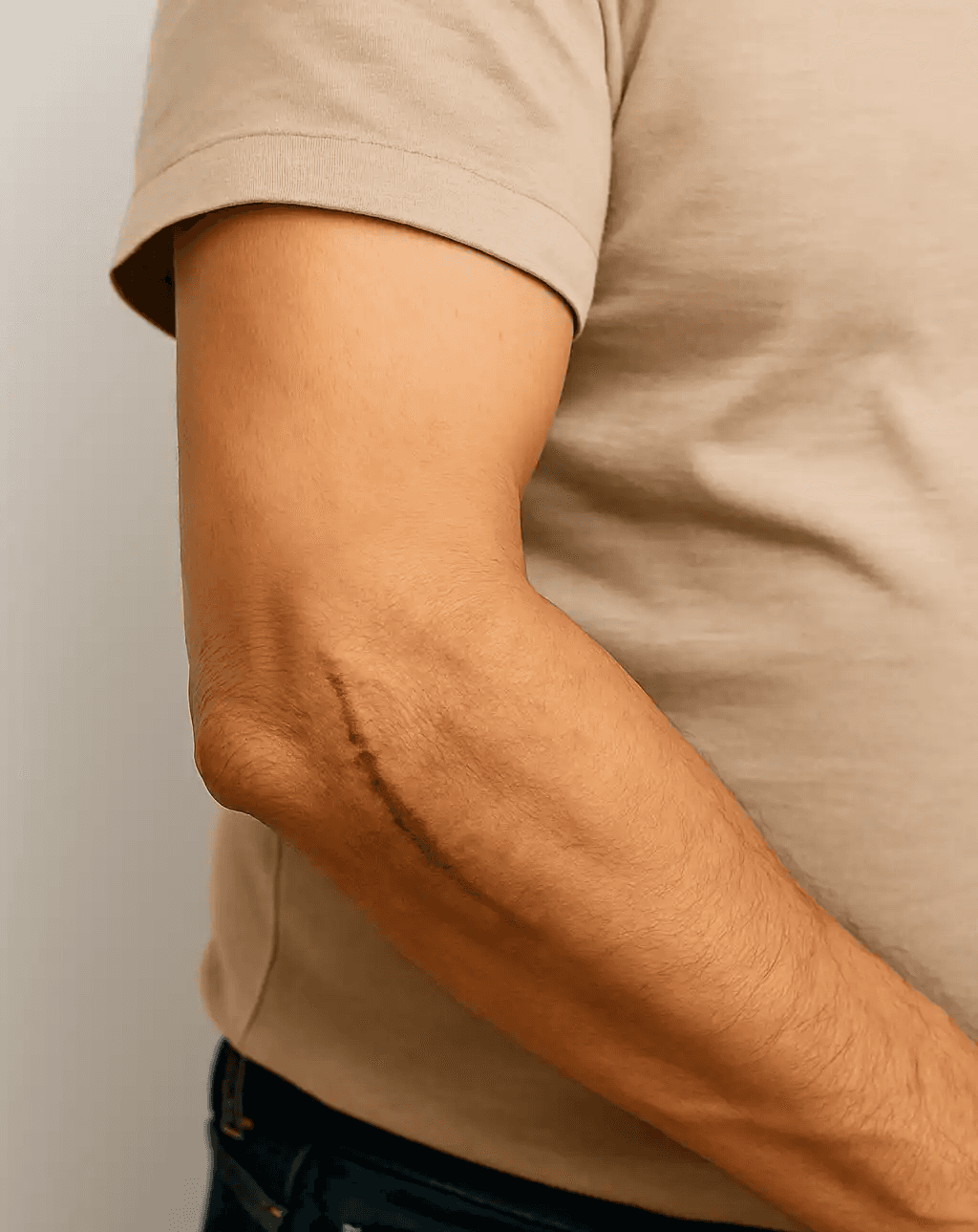 A close-up of a person’s arm showing a long, healed surgical scar near the elbow, with the text “Post-Orthopedic Surgery Rehabilitation” displayed at the bottom.