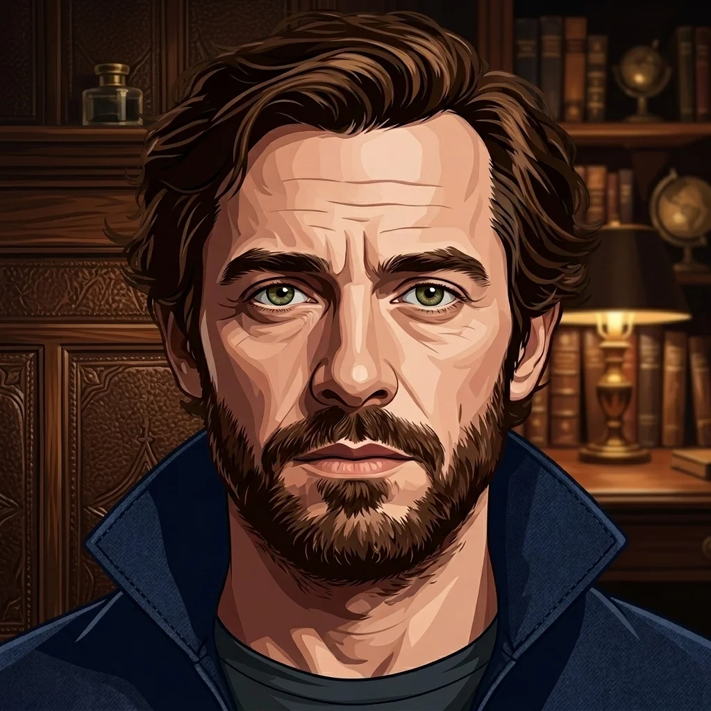 Stylized illustration of a bearded man with green eyes, wearing a dark jacket, set against a warm, library-like background.