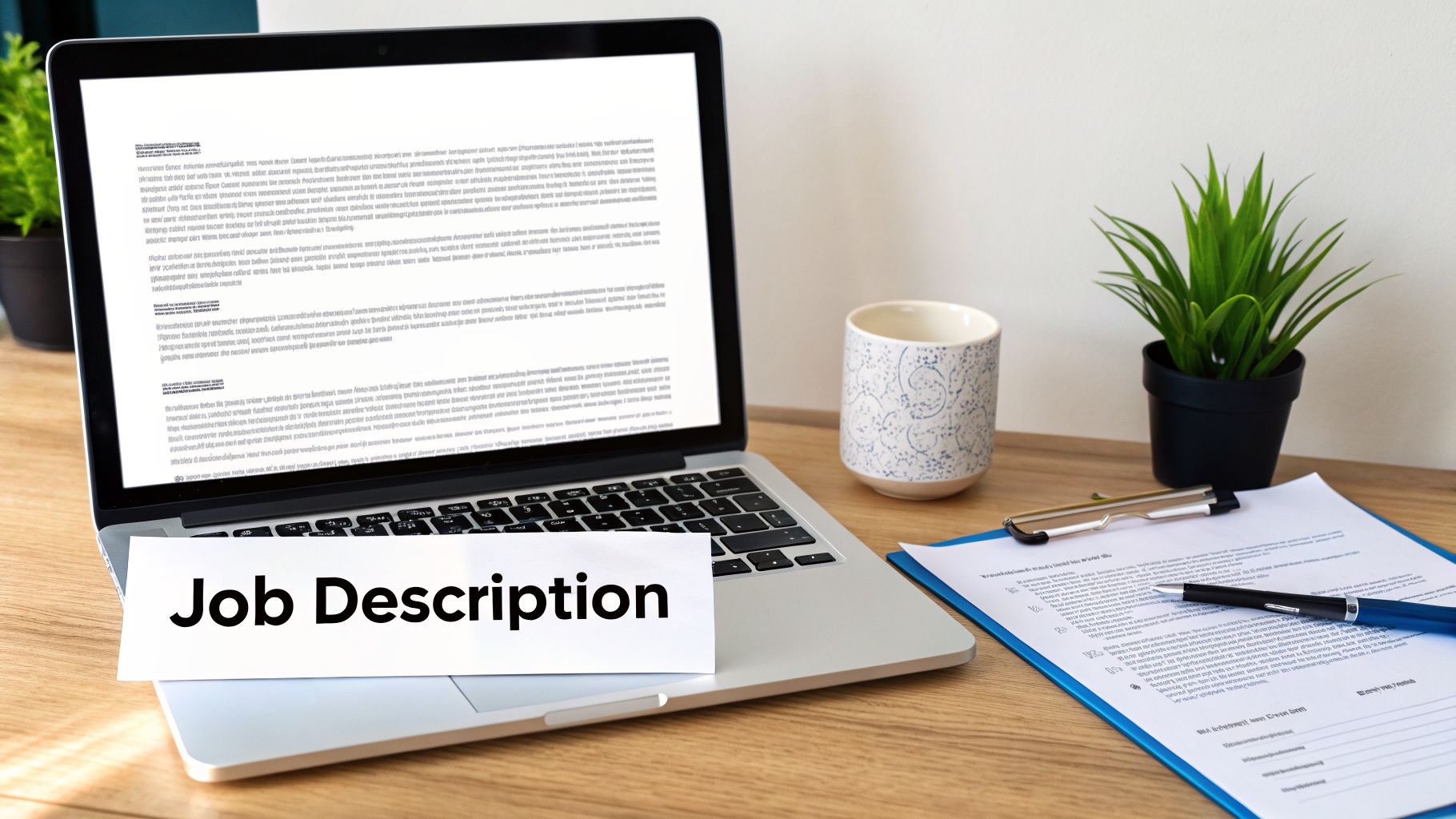 A laptop displays a document, with a 'Job Description' label prominently placed on its keyboard, alongside a plant and documents on a desk.