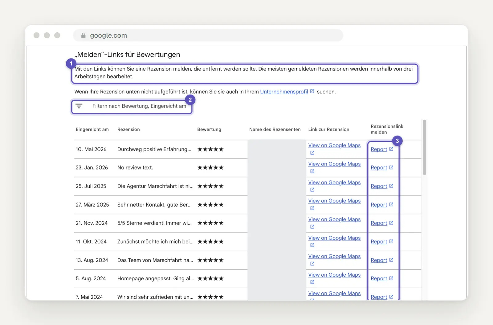 Seite Melden-Links für Bewertungen im Google-Tool mit dem Hinweis, dass die meisten Meldungen innerhalb von drei Arbeitstagen bearbeitet werden, dem Filter nach Bewertung und Eingereicht am und Report-Links je Rezension.