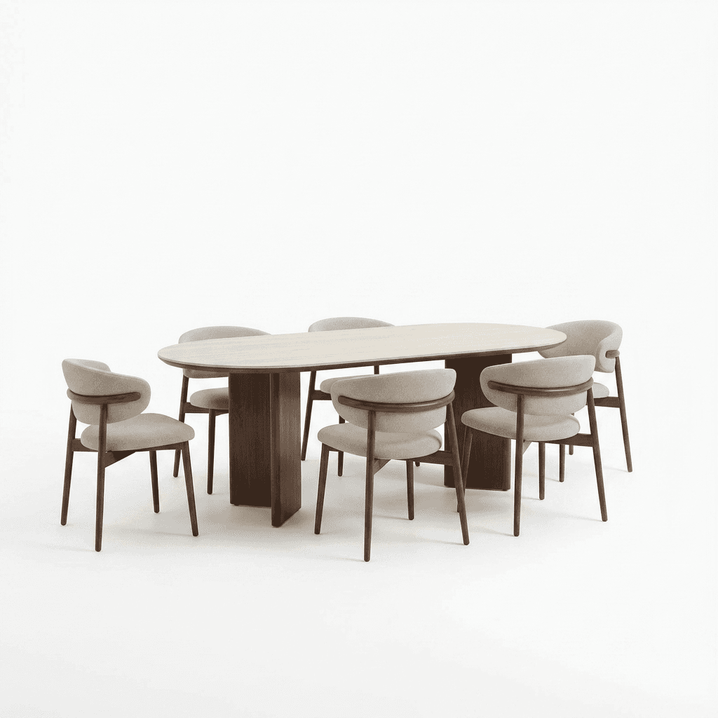 Round dining table in warm wood tones, paired with curved chairs for casual, everyday use