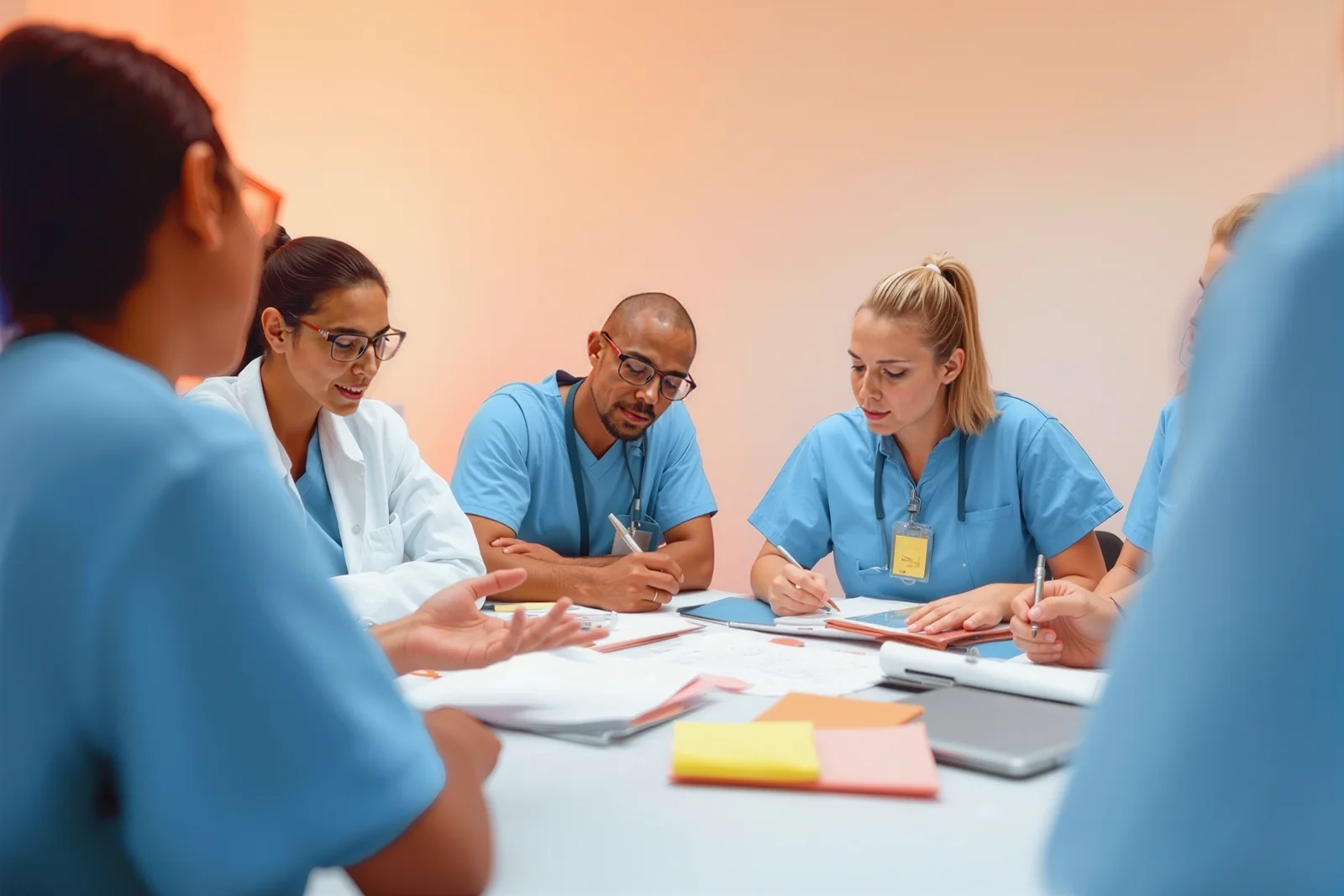 Collage of healthcare professionals collaborating, training, and meeting with patients, representing Synapti Health’s comprehensive value based care education and workforce development programs.