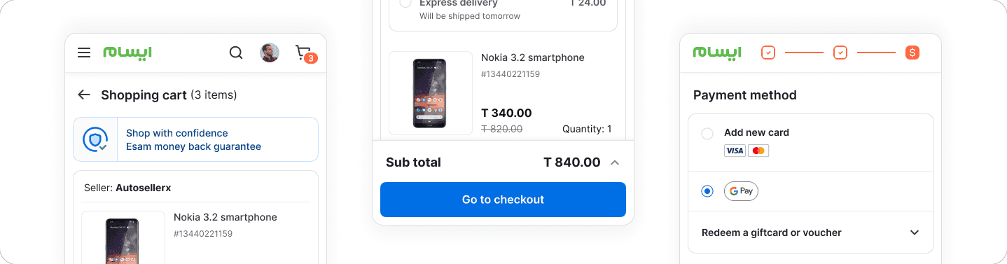 Mobile checkout screens: shopping cart, order total with Go to checkout, and payment method