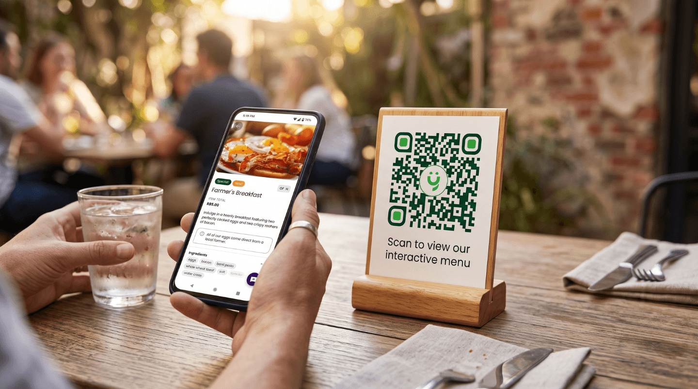 Diner sitting at a restaurant table in South Africa, looking at a beautiful YumEase digital menu on their phone after scanning a QR code placed on the table.