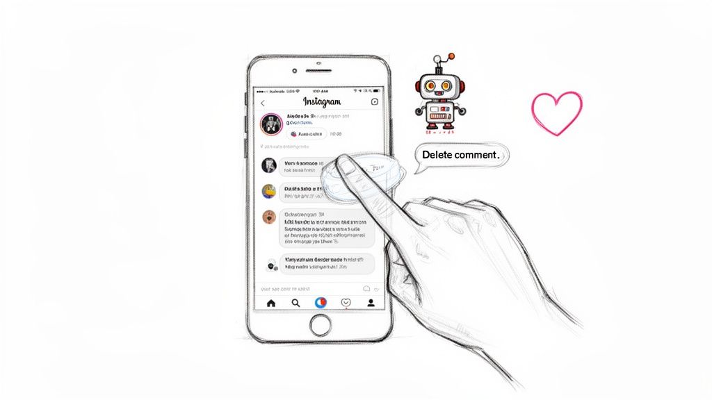 A hand interacts with an Instagram app on a smartphone, showing 'Delete comment' next to a robot and heart.