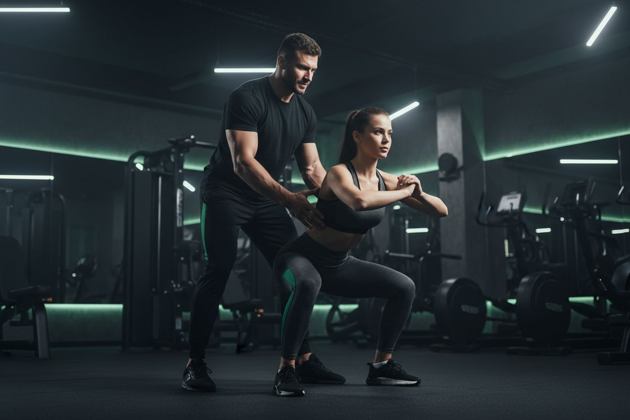 Trainer demonstrating squat