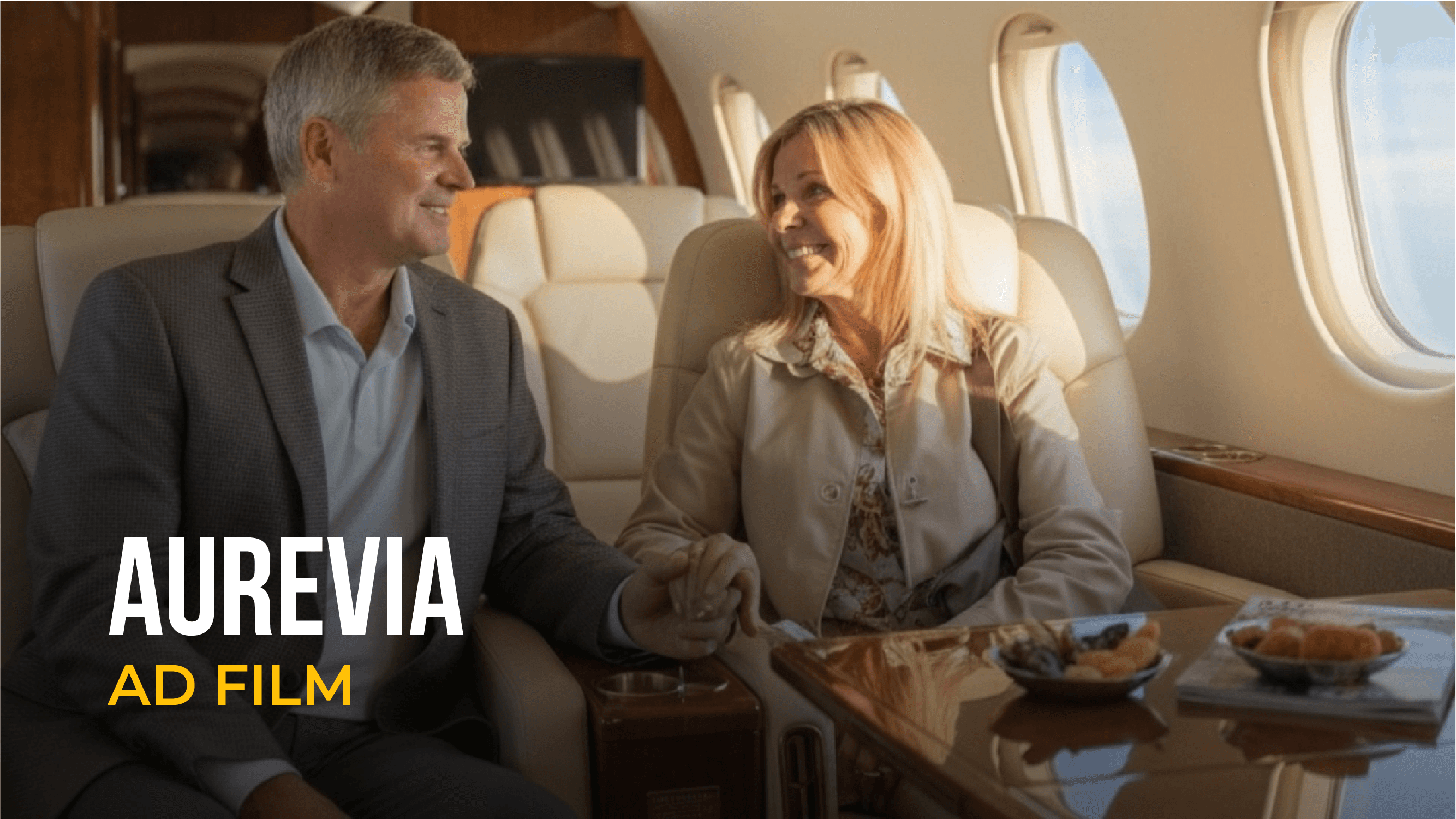 AI-generated visual of a couple seated in a private jet for an ad film.