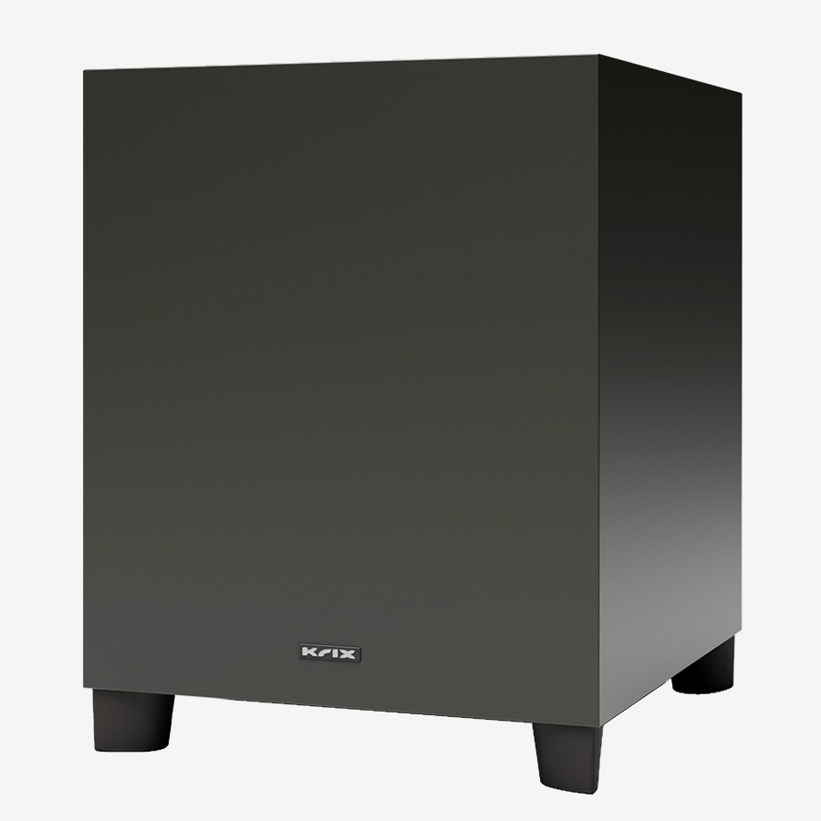 Black cube subwoofer with logo KRIX