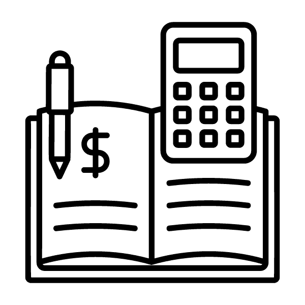 Clip art of financial accounting with a calculator, pen, and accounting workbook.