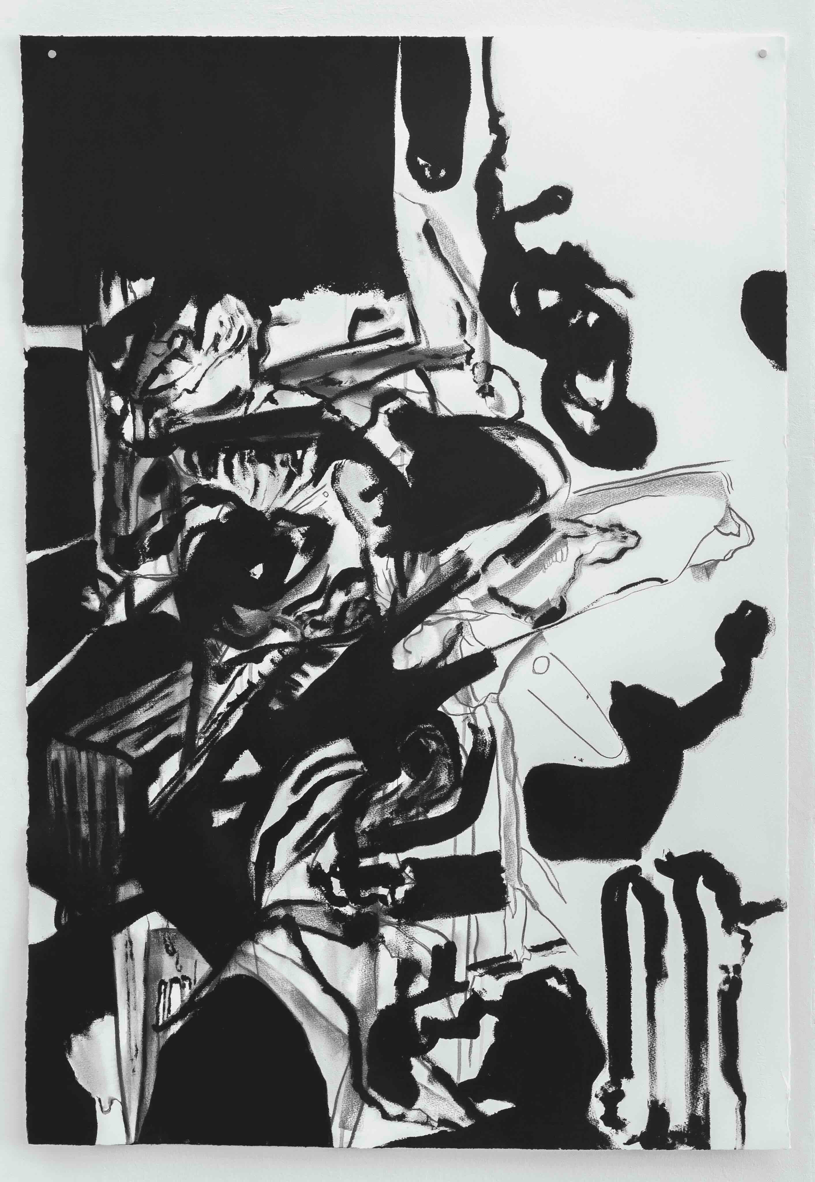 Uzandığım yer cilalı (The floor I lie on is polished), 2022. Acrylic and graphite on paper, 44 x 30 inches (76.2 x 111.76 cm).