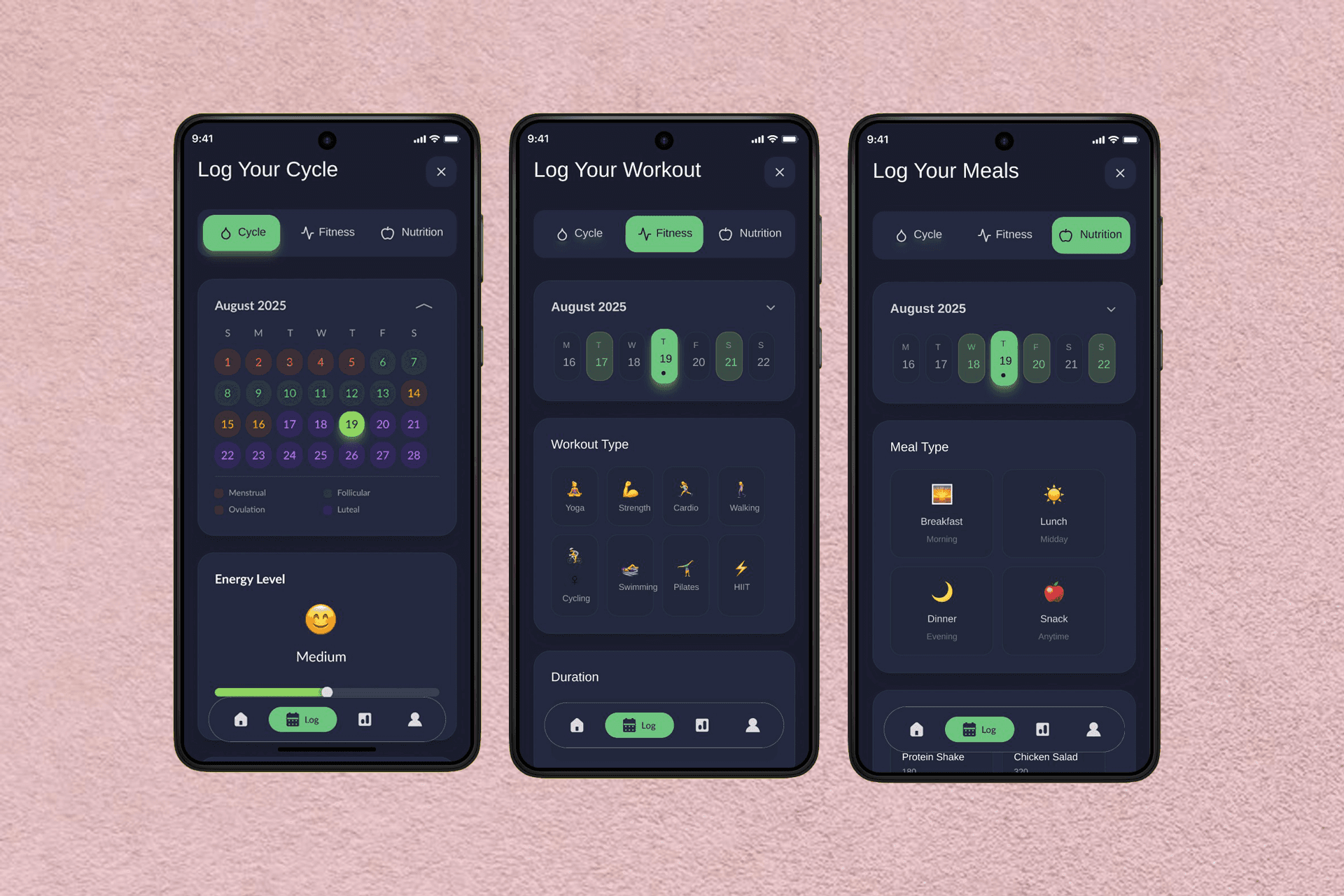 Screenshots of the 3 logging pages in flowfit (cycle, fitness, and nutrition)