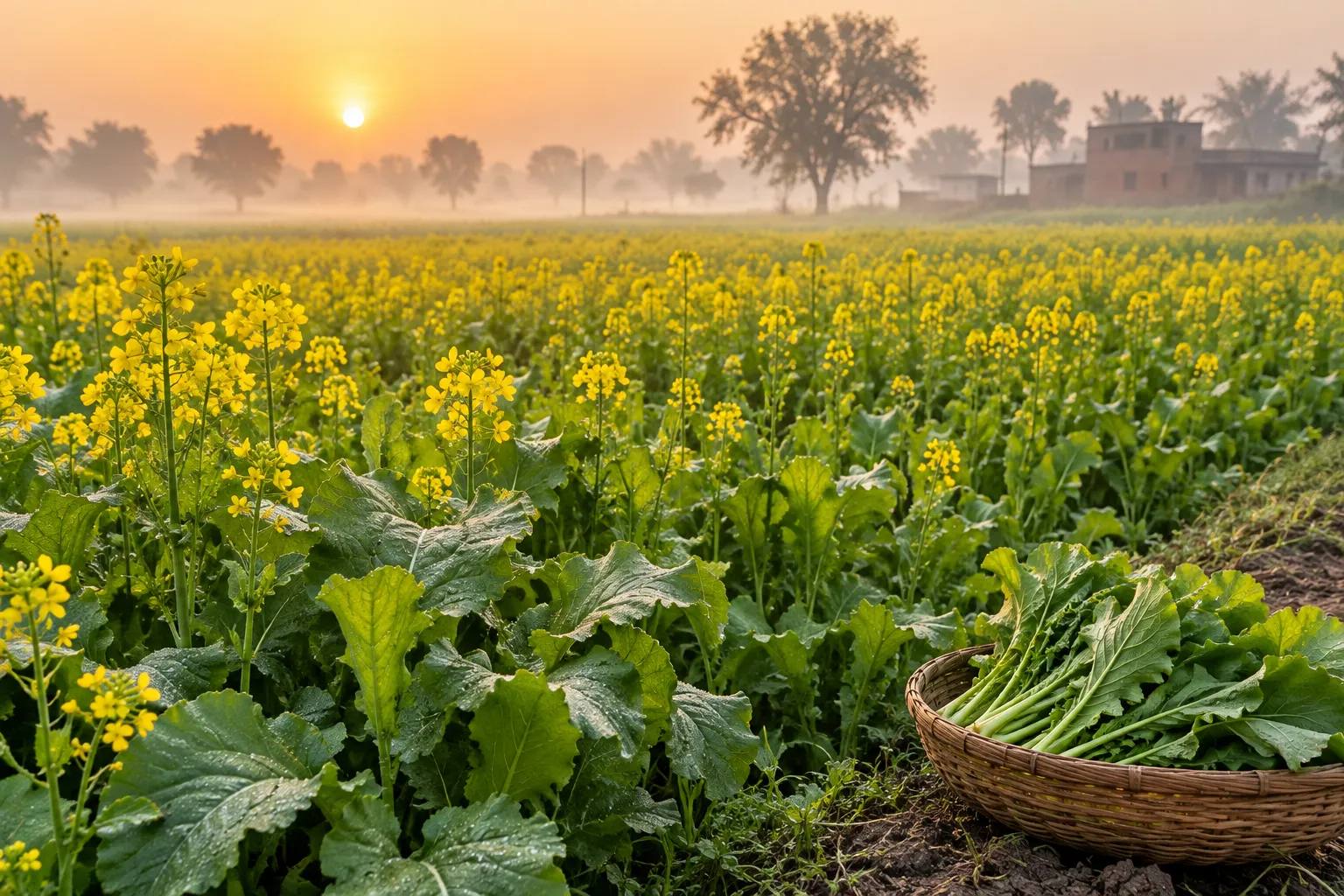 Mustard field in bloom at sunrise with a basket of freshly picked mustard greens