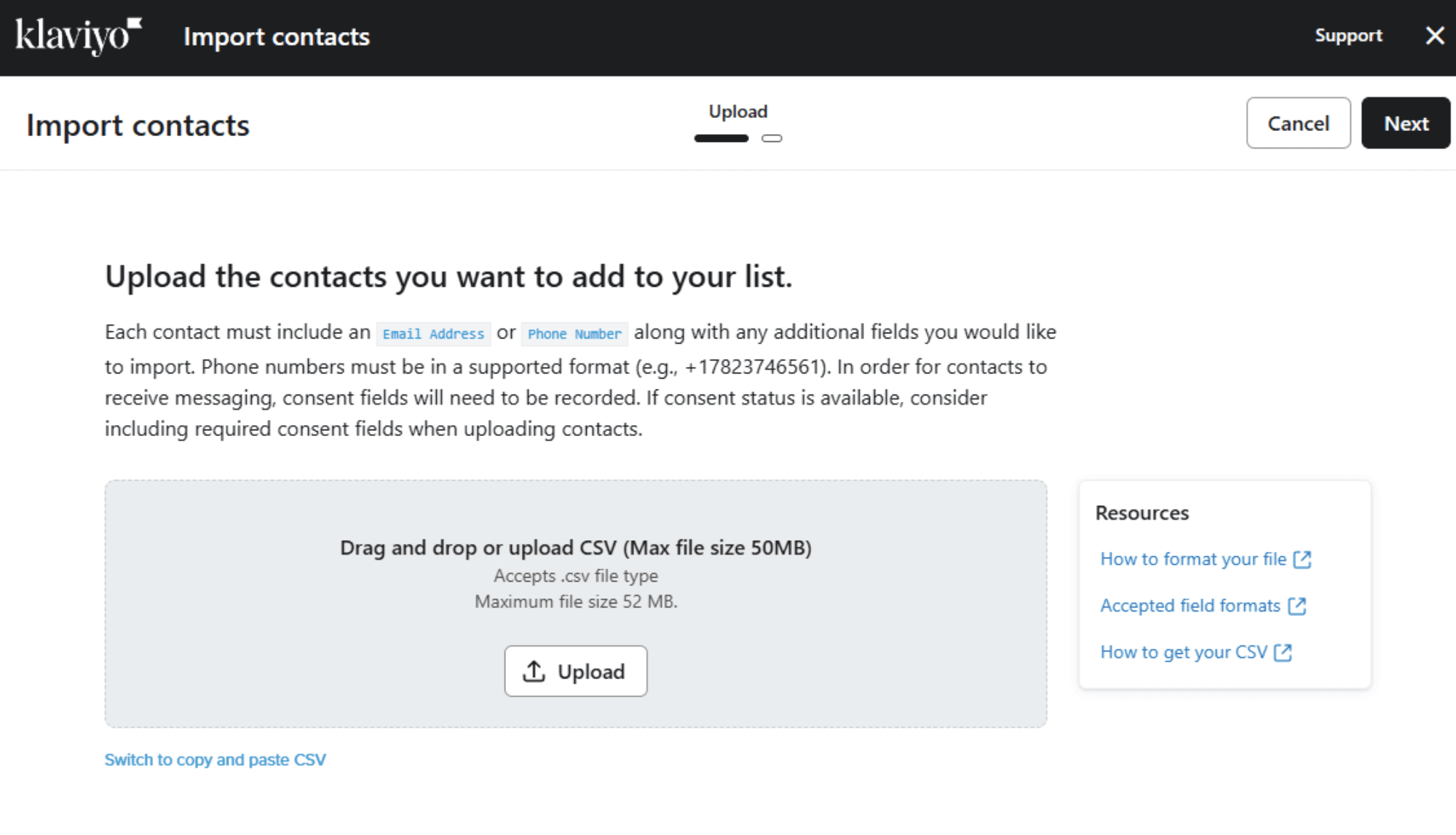 Bulk Import via CSV.png – Klaviyo’s import contacts screen showing the process of uploading a CSV file to add custom properties to customer profiles.