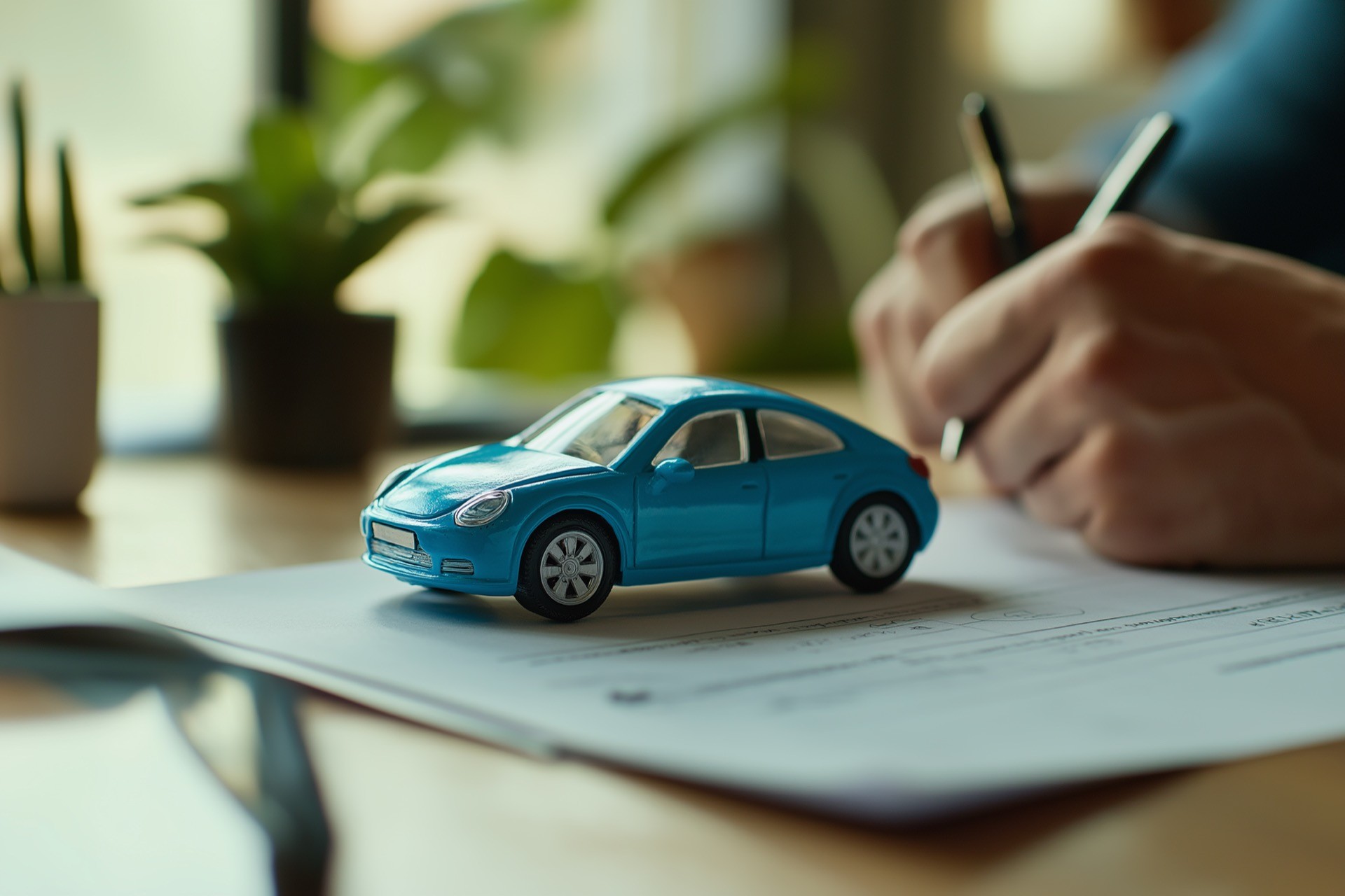Toy car resting on an insurance policy document as someone signs it