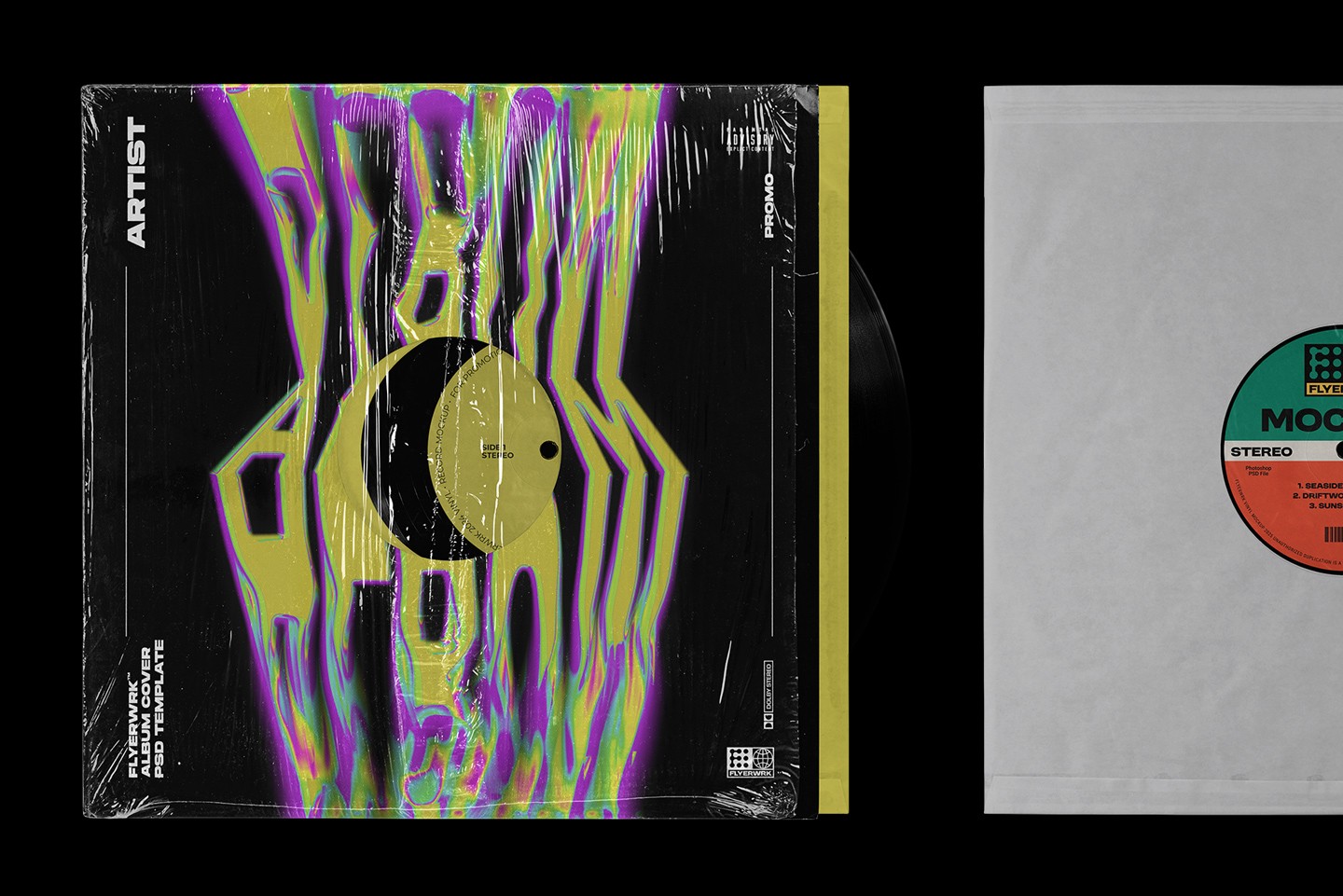 Vinyl record mockup displaying custom album cover design with colorful artwork