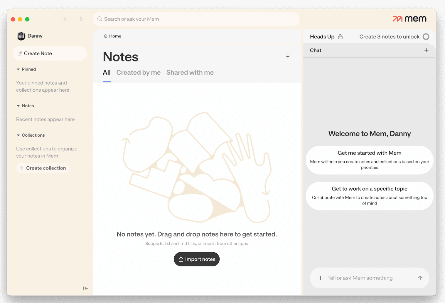 Screenshot of the Mem 2.0 home screen showing an empty Notes dashboard, sidebar navigation, and a chat panel prompting the user to get started.