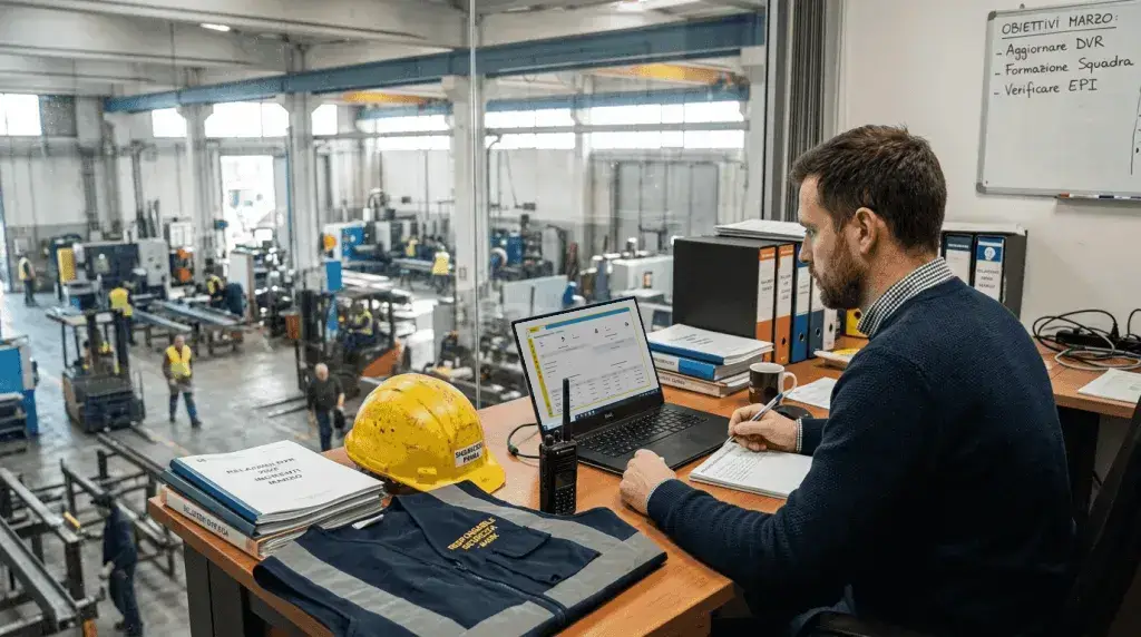 Il responsabile della sicurezza sta valutando la documentazione di sicurezza tramite il gestionale sicurezza sul lavoro