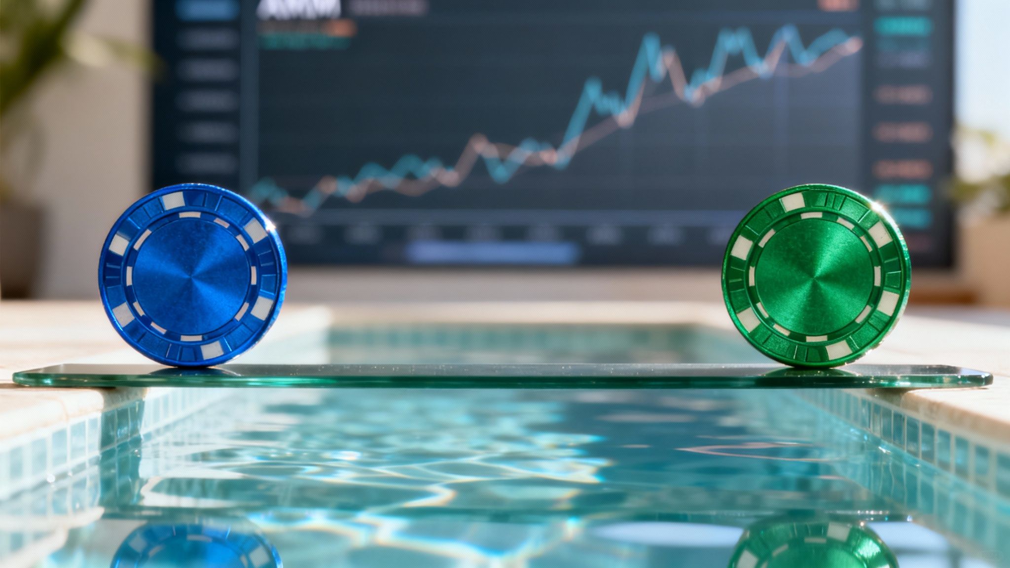 Blue and green poker chips stand on glass above a pool with a blurred financial chart in the background.