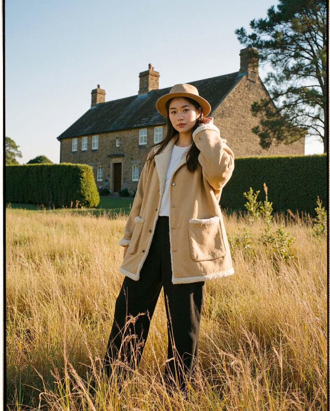 Fashion photography in golden field featuring tan shearling coat and hat with historic stone cottage in background, warm autumn tones