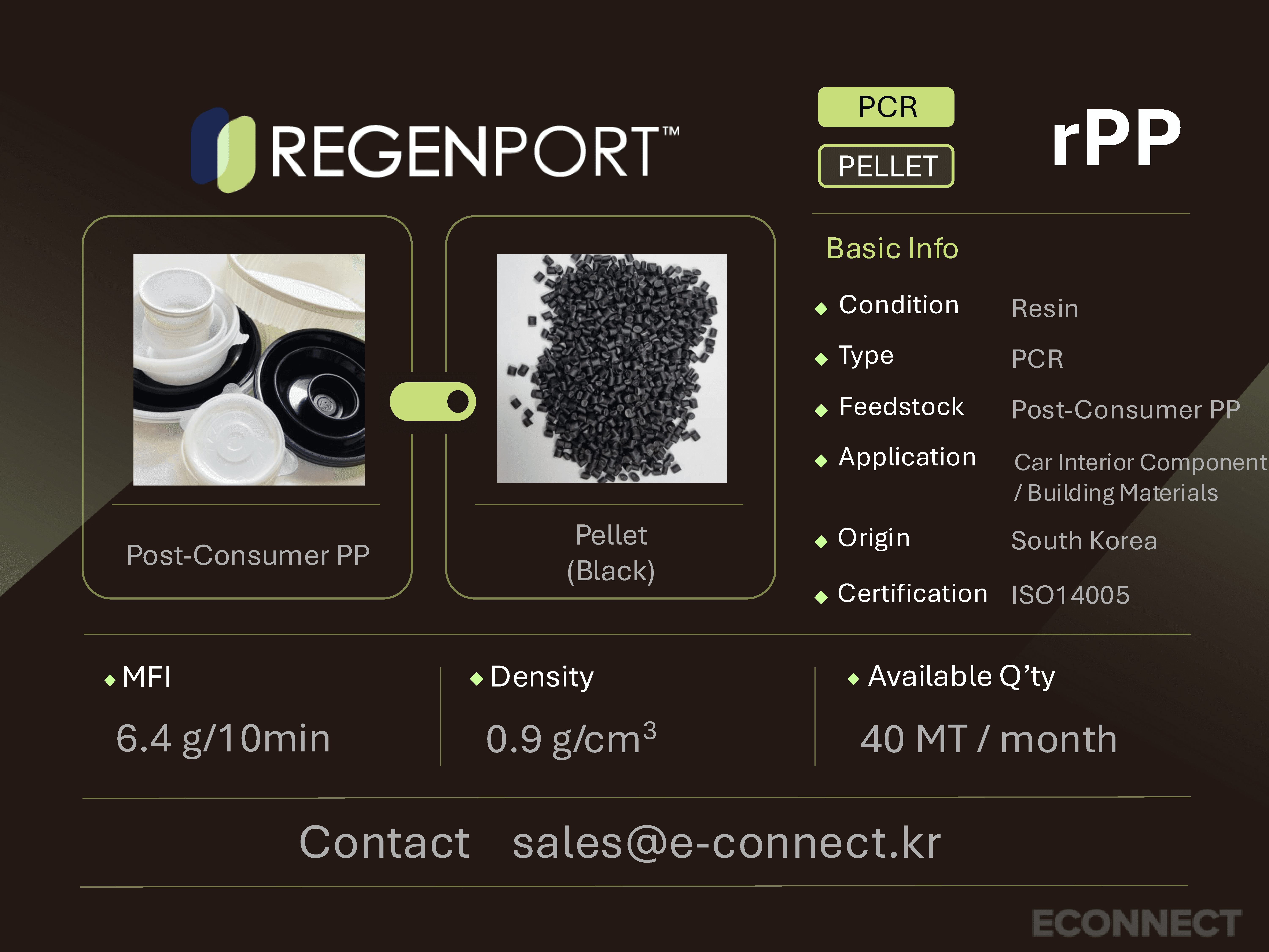 rPP PCR resin spec card - Post-Consumer PP to pellet form