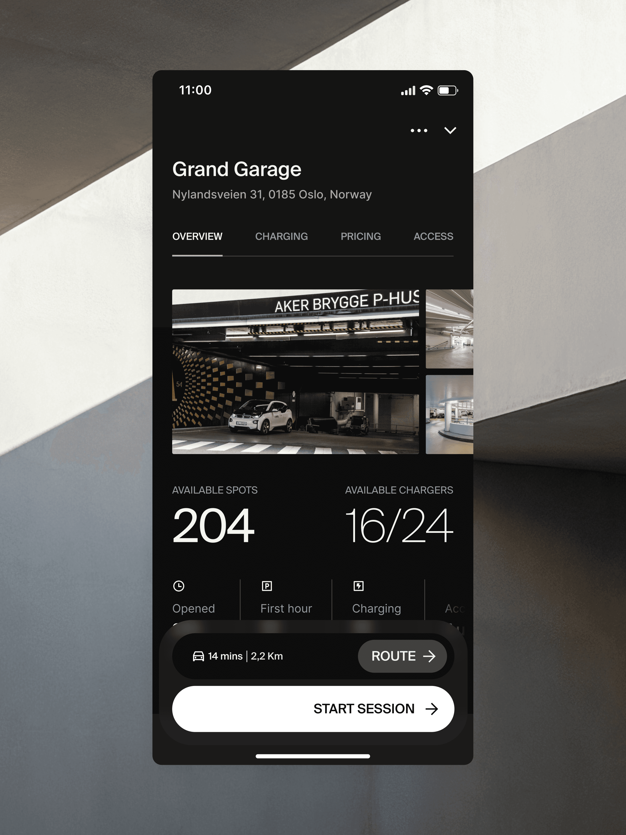 Dark mode interface for the Grand Garage profile, displaying available spots and EV chargers.