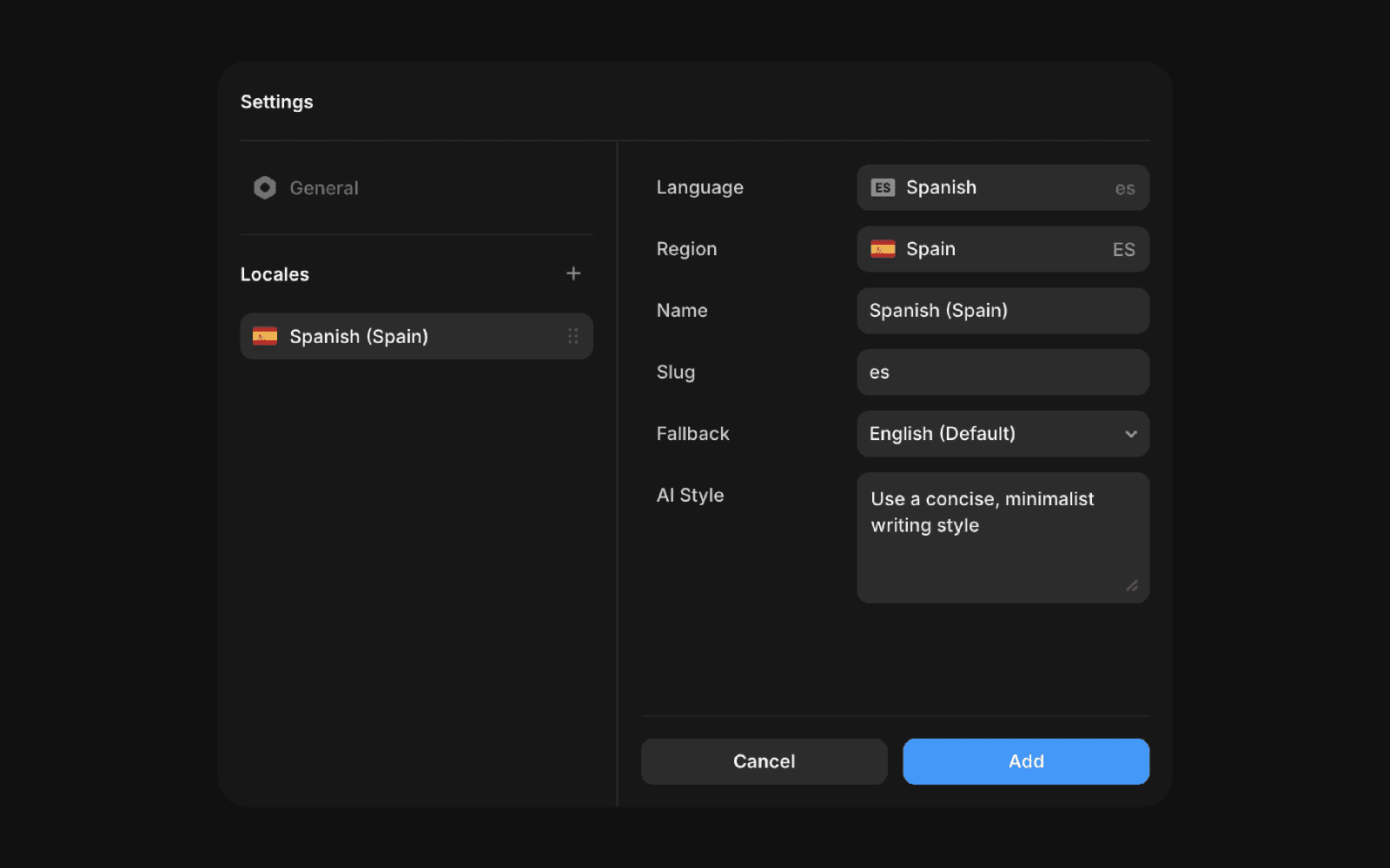 Framer 本地化设置面板显示已选择西班牙语(西班牙)语言环境。右侧的表单字段定义了语言(西班牙语)、地区(西班牙)、名称('Spanish (Spain)')、别名('es')、回退语言('English (Default)'),以及一个包含提示词'Use a concise, minimalist writing style.'的'AI 样式'文本区域。底部有取消和添加按钮。