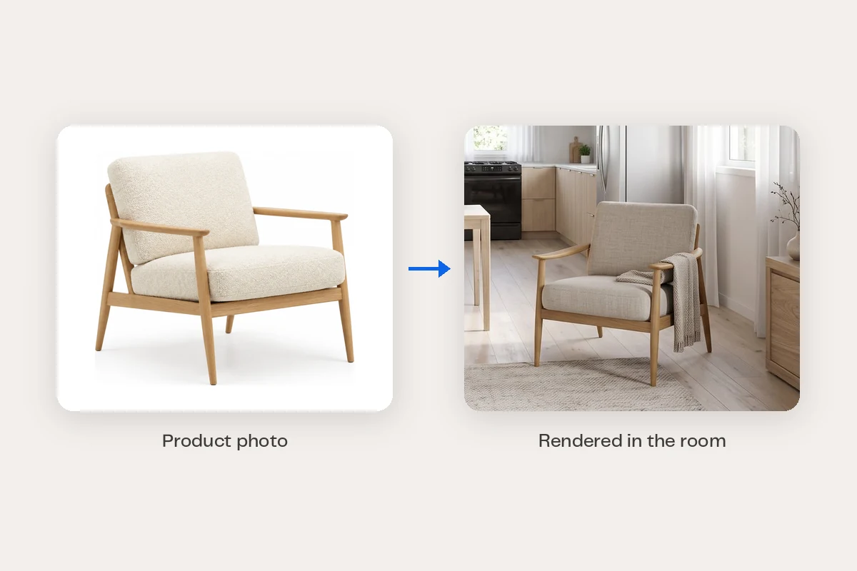 A product photo of an armchair next to a render of the same chair in a living room