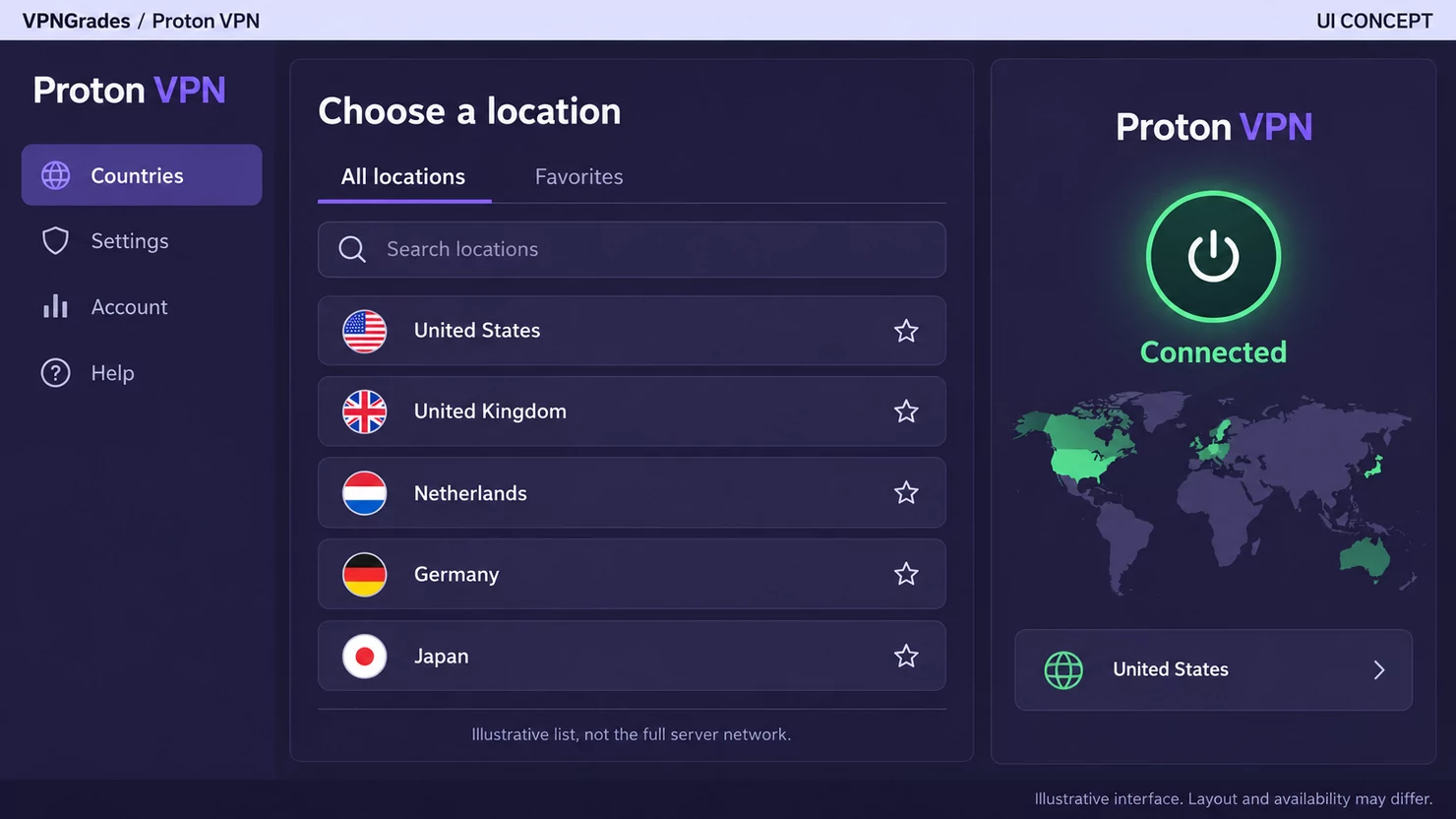Proton VPN: a location picker concept (illustration).