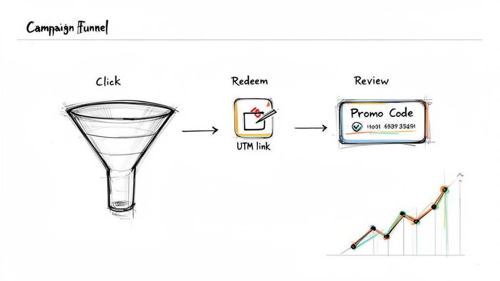 Marketing campaign funnel diagram with click, redeem (UTM link), and review (promo code) stages, showing growth.
