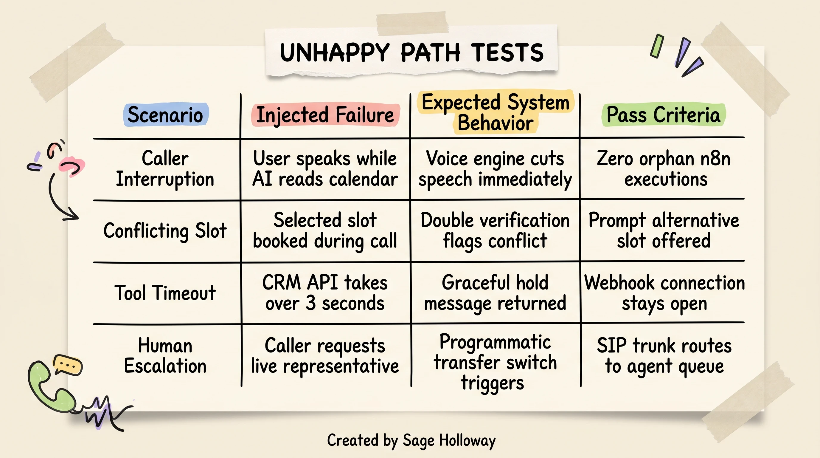 Table of unhappy path test scenarios, failure injections, expected behaviors, and pass criteria