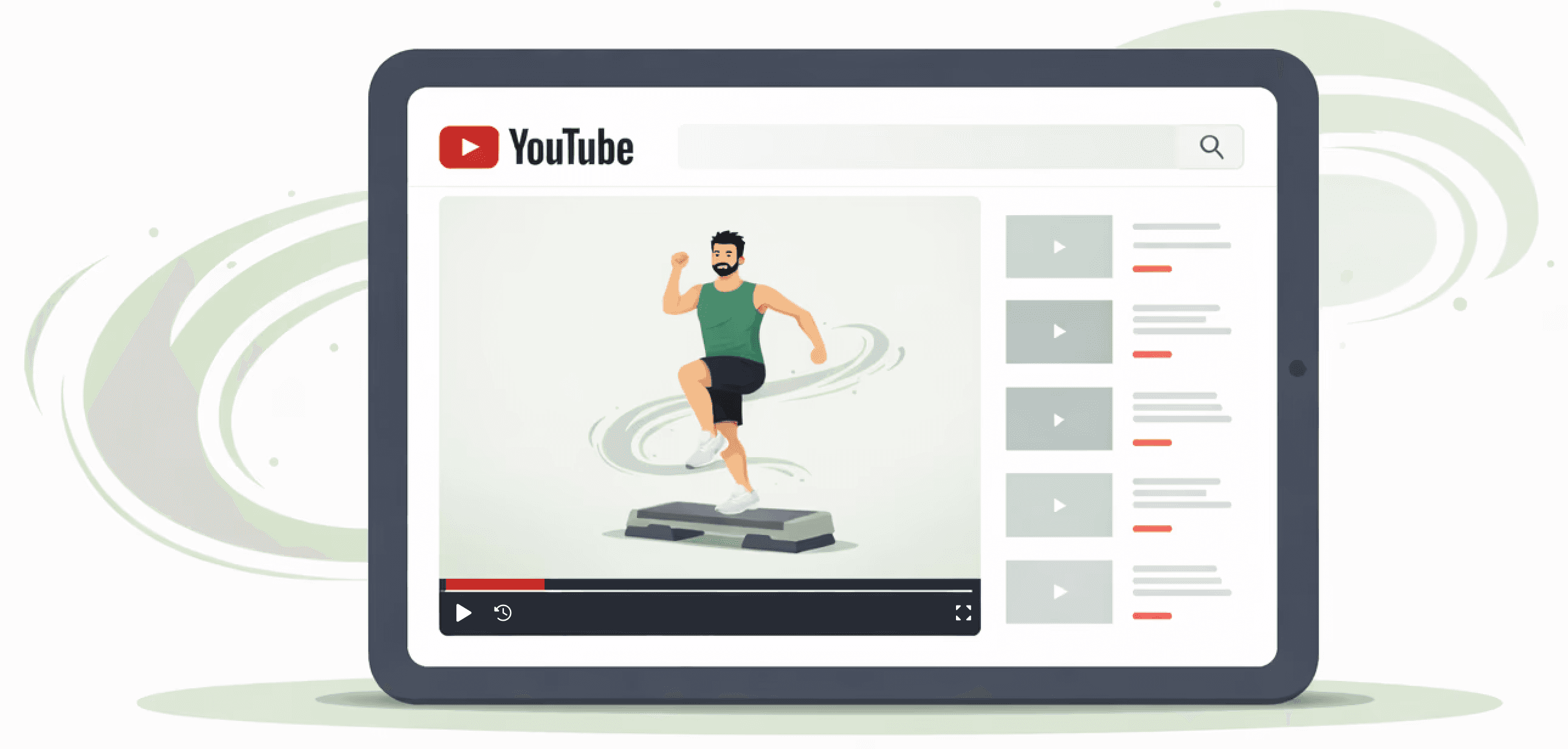 A tablet displaying a YouTube video of a person running, with a sidebar of suggested videos.