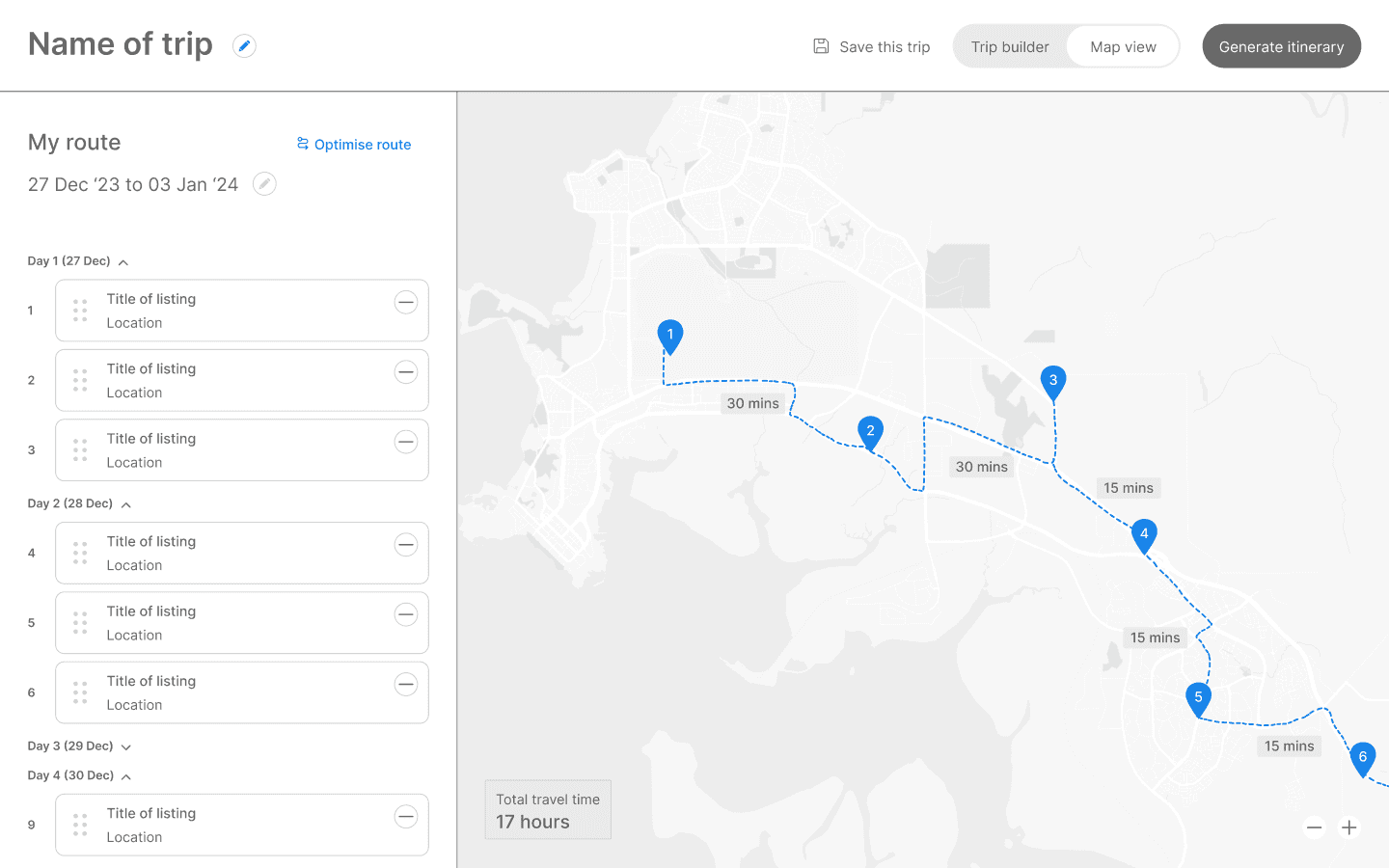 A wireframe prototype of a trip planner.