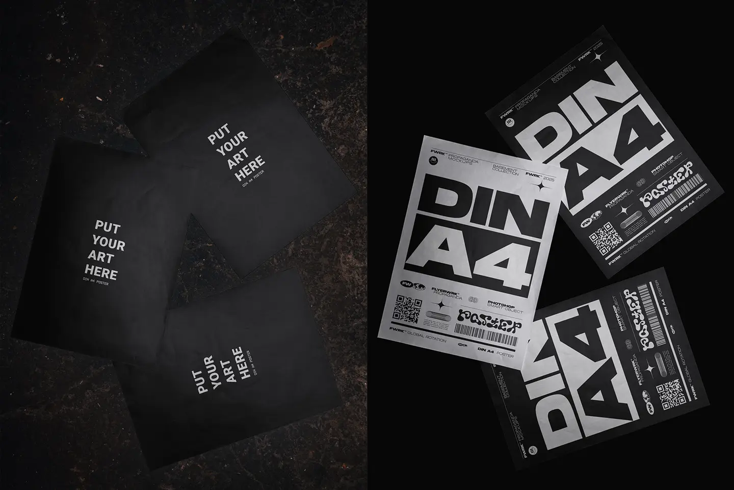 A4 poster mockup showing two posters placed loosely on basement floor