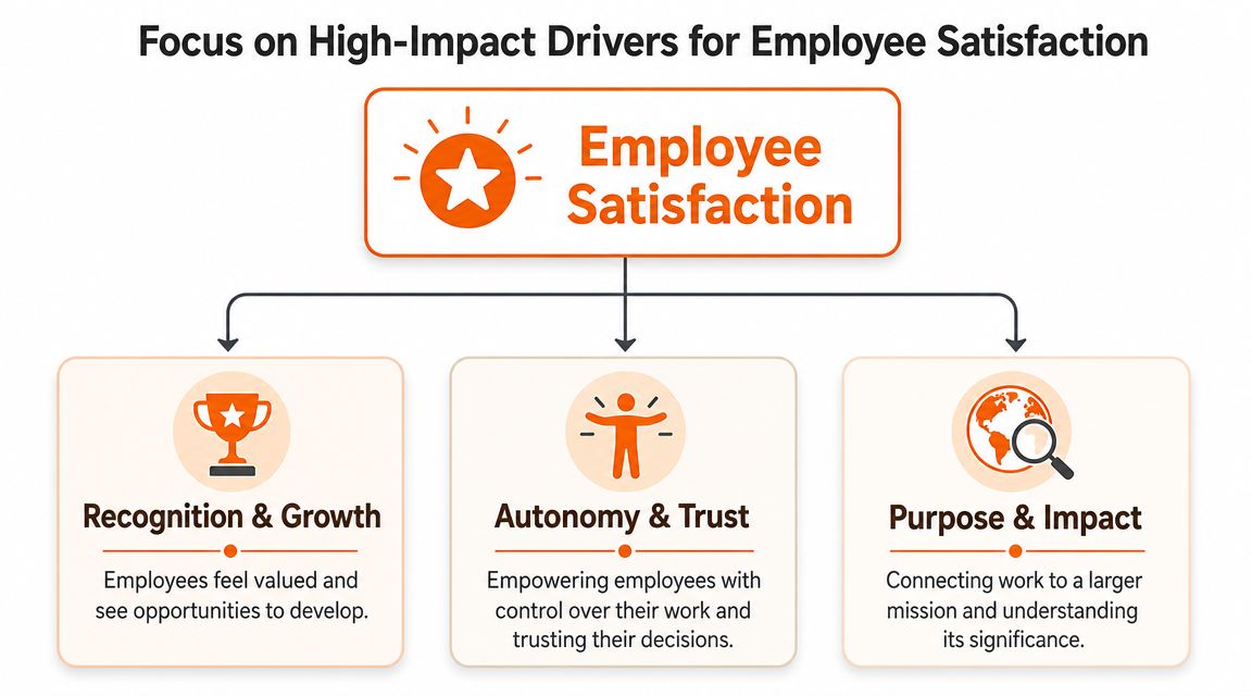 A diagram illustrating three key drivers for high employee satisfaction: recognition, autonomy, and purpose.
