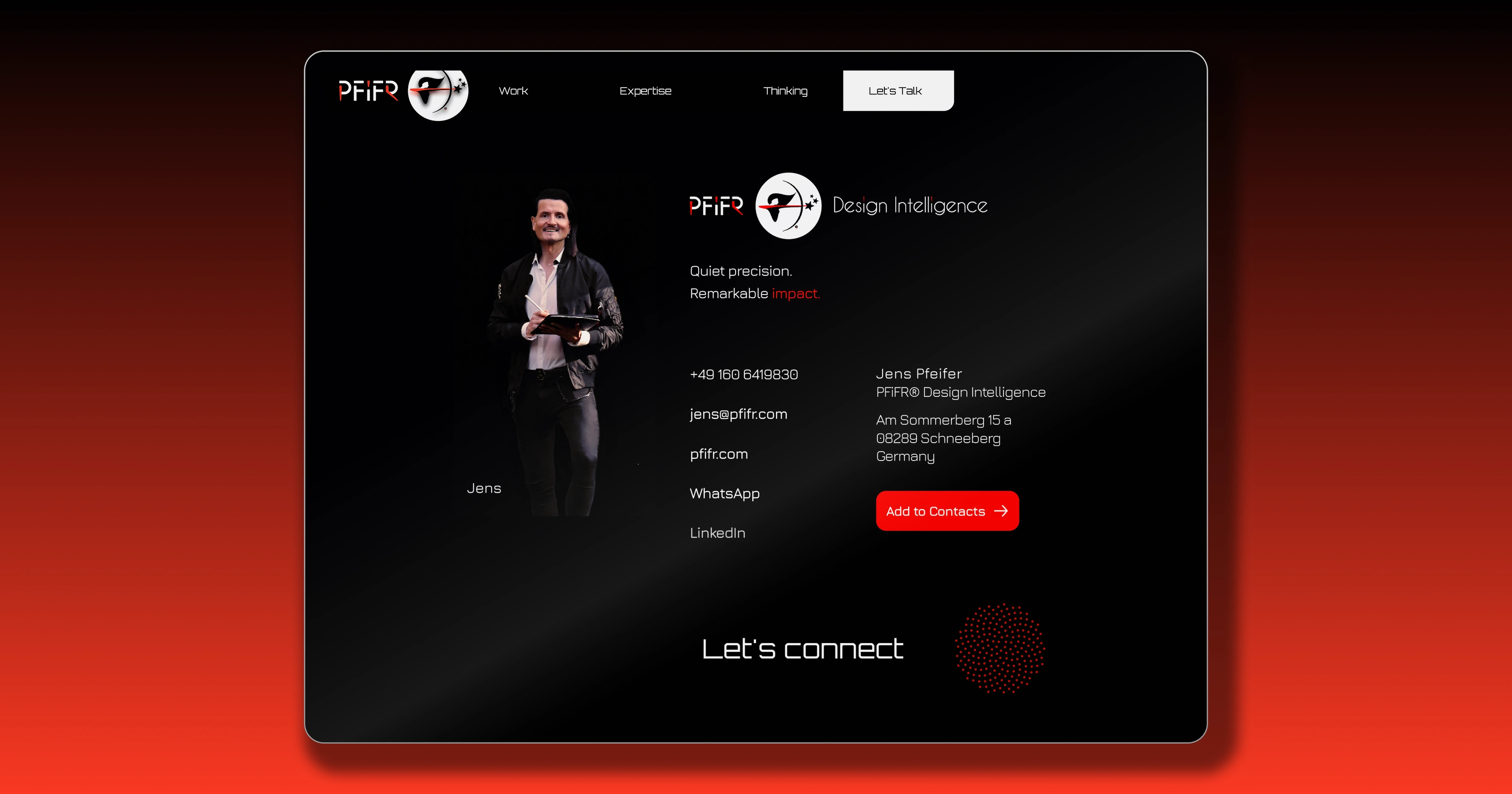 Tablet-Ansicht von PFiFR® Connect mit dunklem Interface, persönlichem Profil, Kontaktdaten und Call-to-Action zur direkten Speicherung im Adressbuch